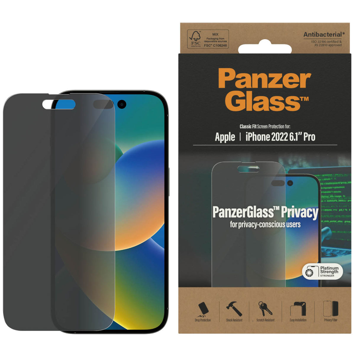 Deux protecteurs d'écran et une boîte. La boîte indique PanzerGlass pour iPhone 2022 Pro.