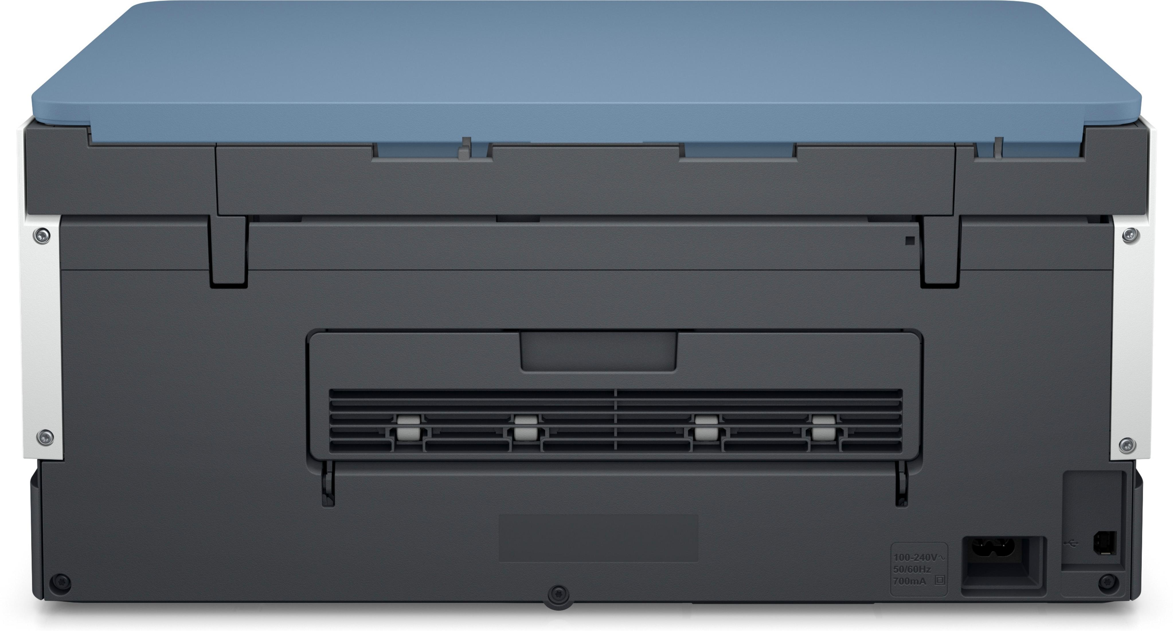 Back view of a printer. Dark gray body, blue lid, and power input.