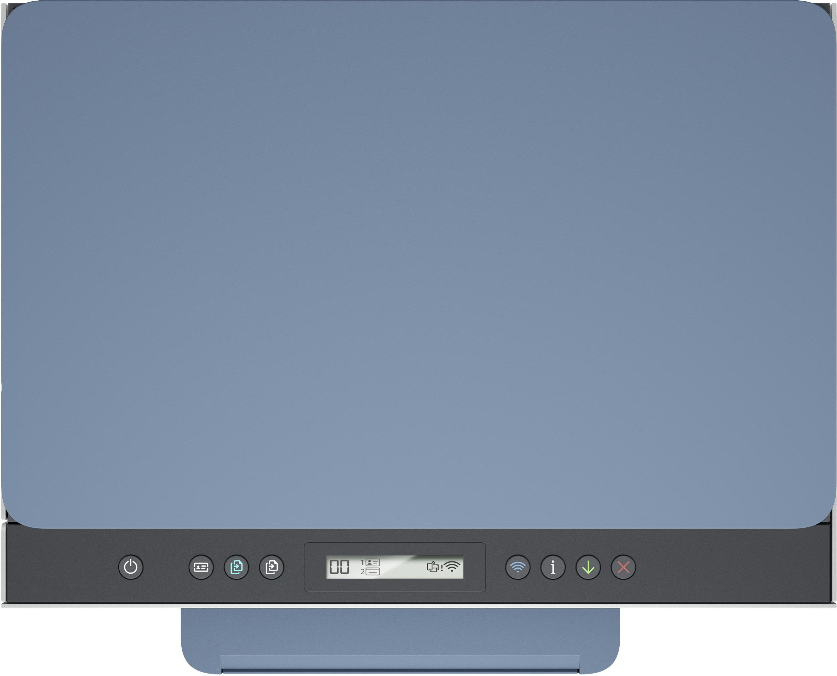 Blue printer with a control panel, buttons, and a paper output tray.