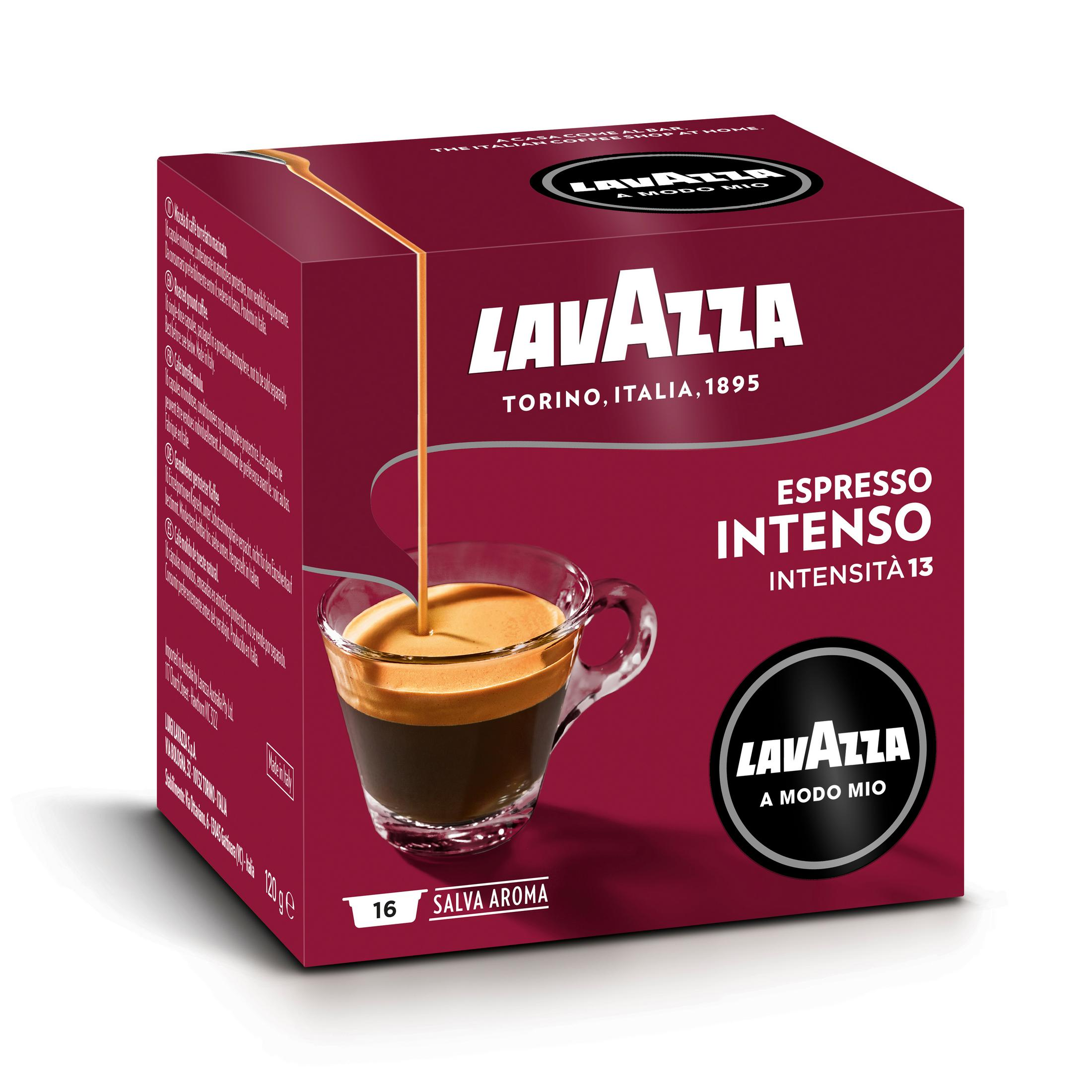 Espresso-Kaffeebox mit einer Tasse Kaffee. Rote und braune Verpackung mit Text und Logo.