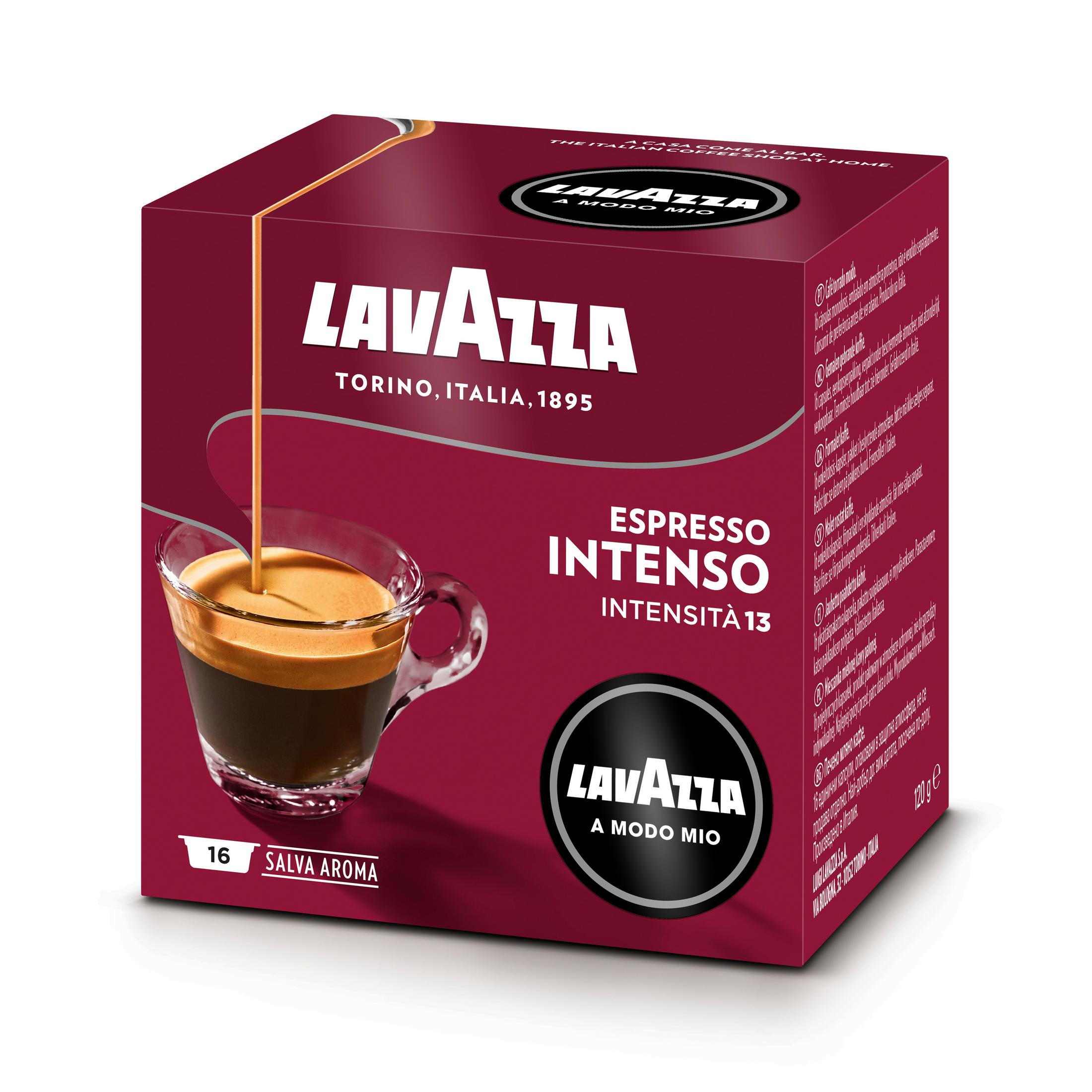 Eine Lavazza Kaffee-Box mit einer Tasse Espresso auf rotem Hintergrund. Der Text: Espresso Intenso.