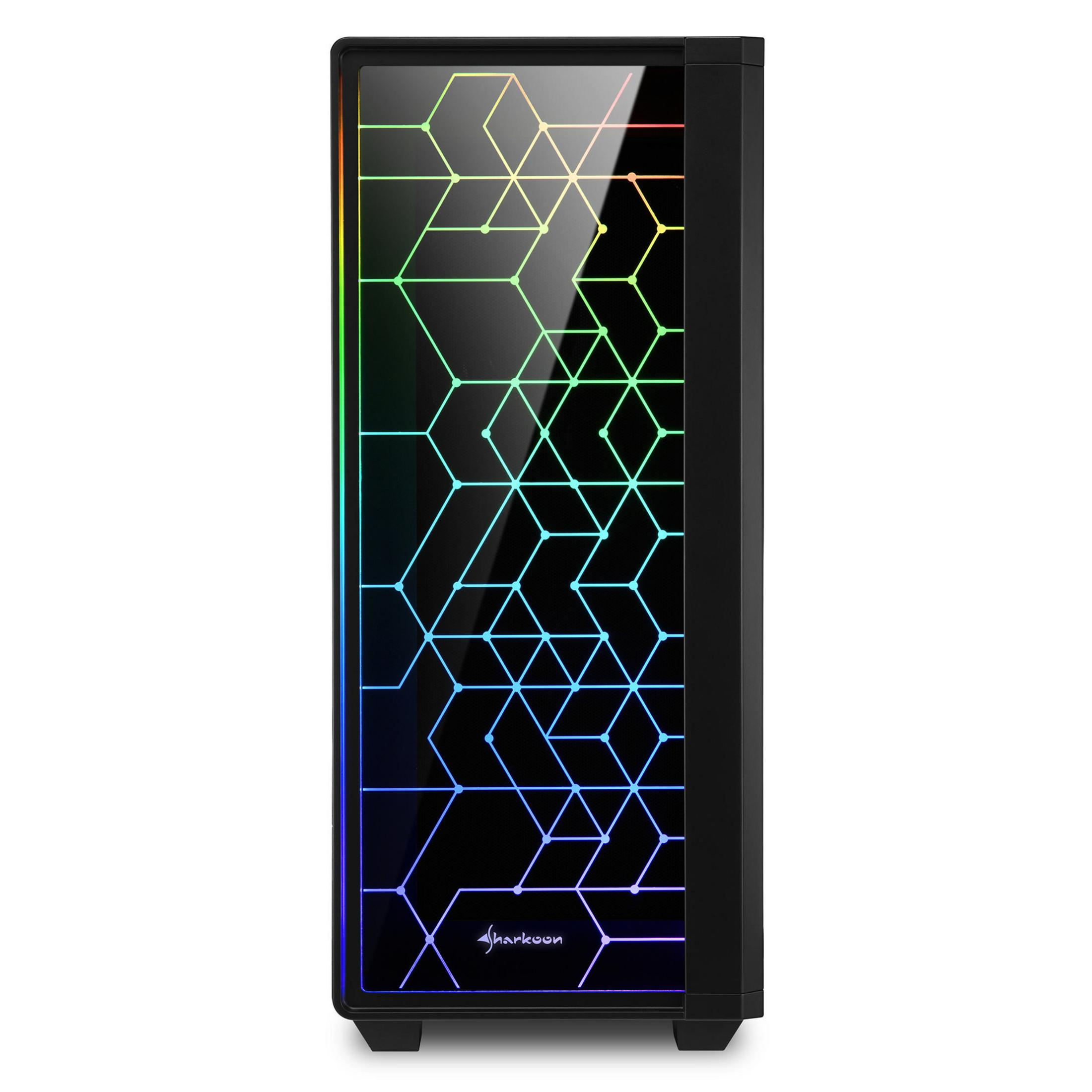 Schwarzes Computergehäuse mit Glasfront, das ein farbenfrohes geometrisches Muster zeigt.
