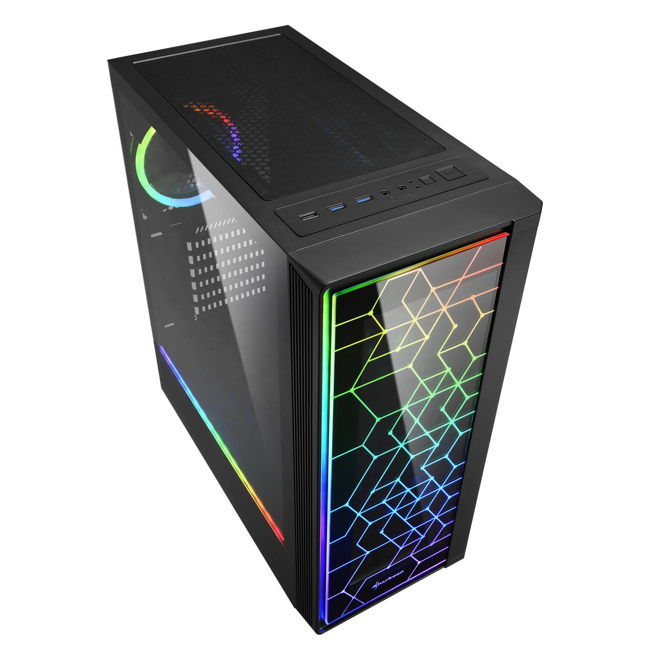 Schwarzes Computergehäuse mit RGB-Beleuchtung. Glas-Seitenwand und Gitterdesign.