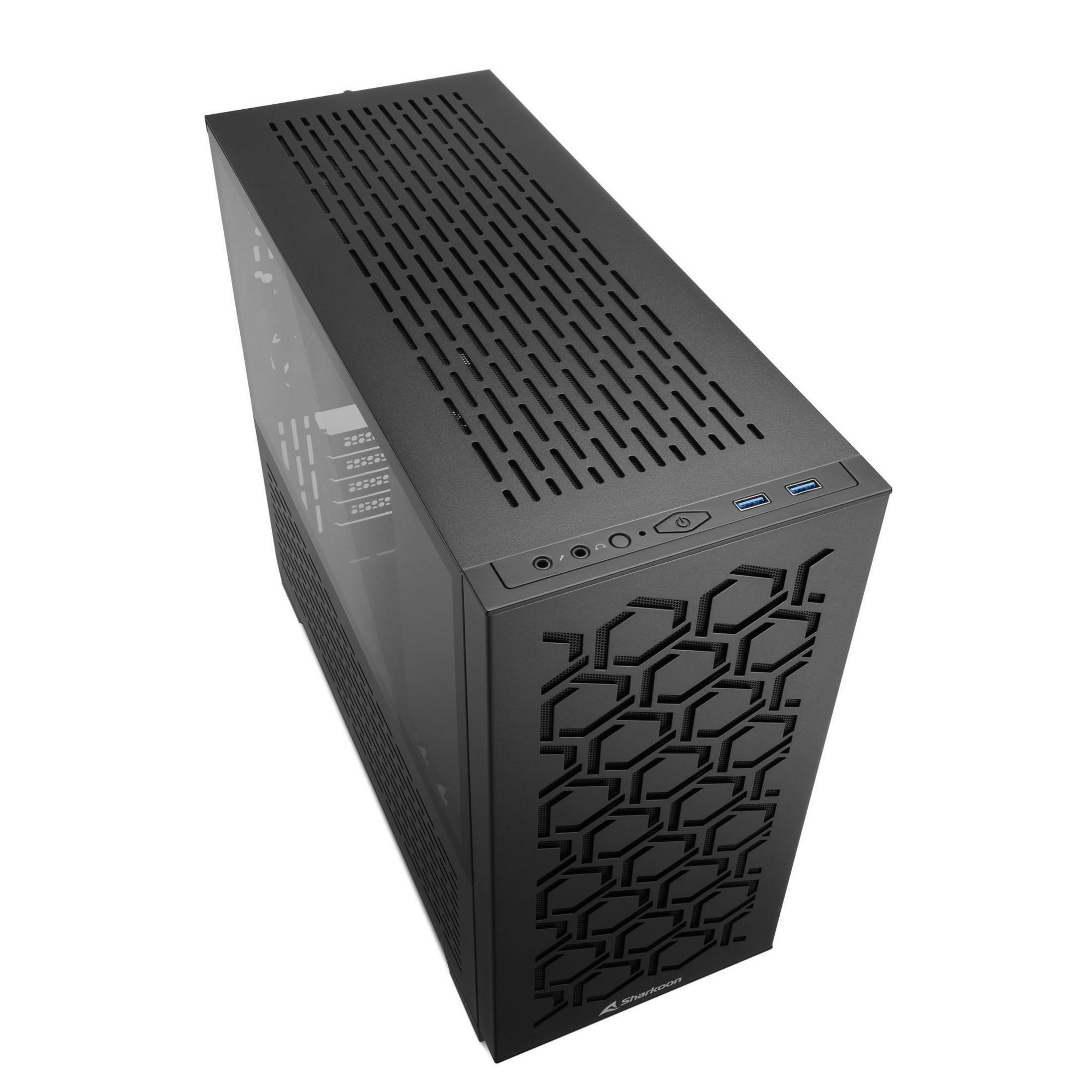Case per computer nero con pannello laterale in vetro, frontale a motivi e porte I/O superiori.