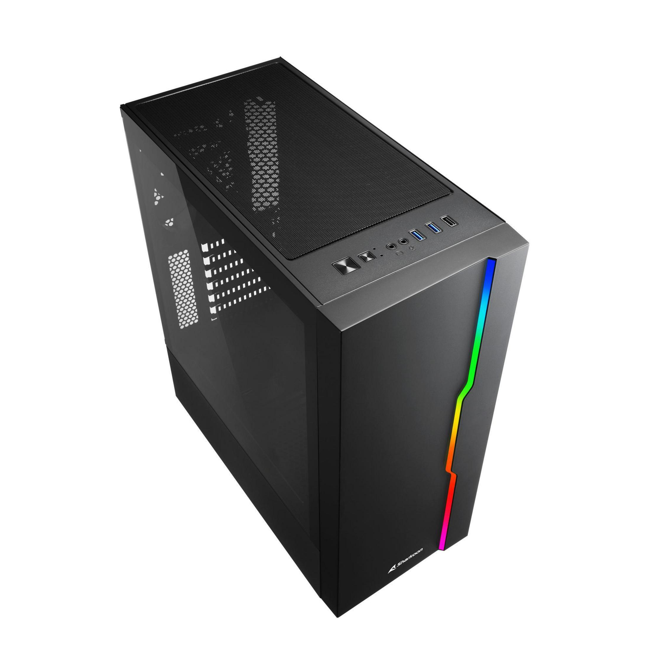 Schwarzes Computergehäuse mit RGB-Lichtern an der Seite. Die Oberseite hat ein Mesh-Panel.