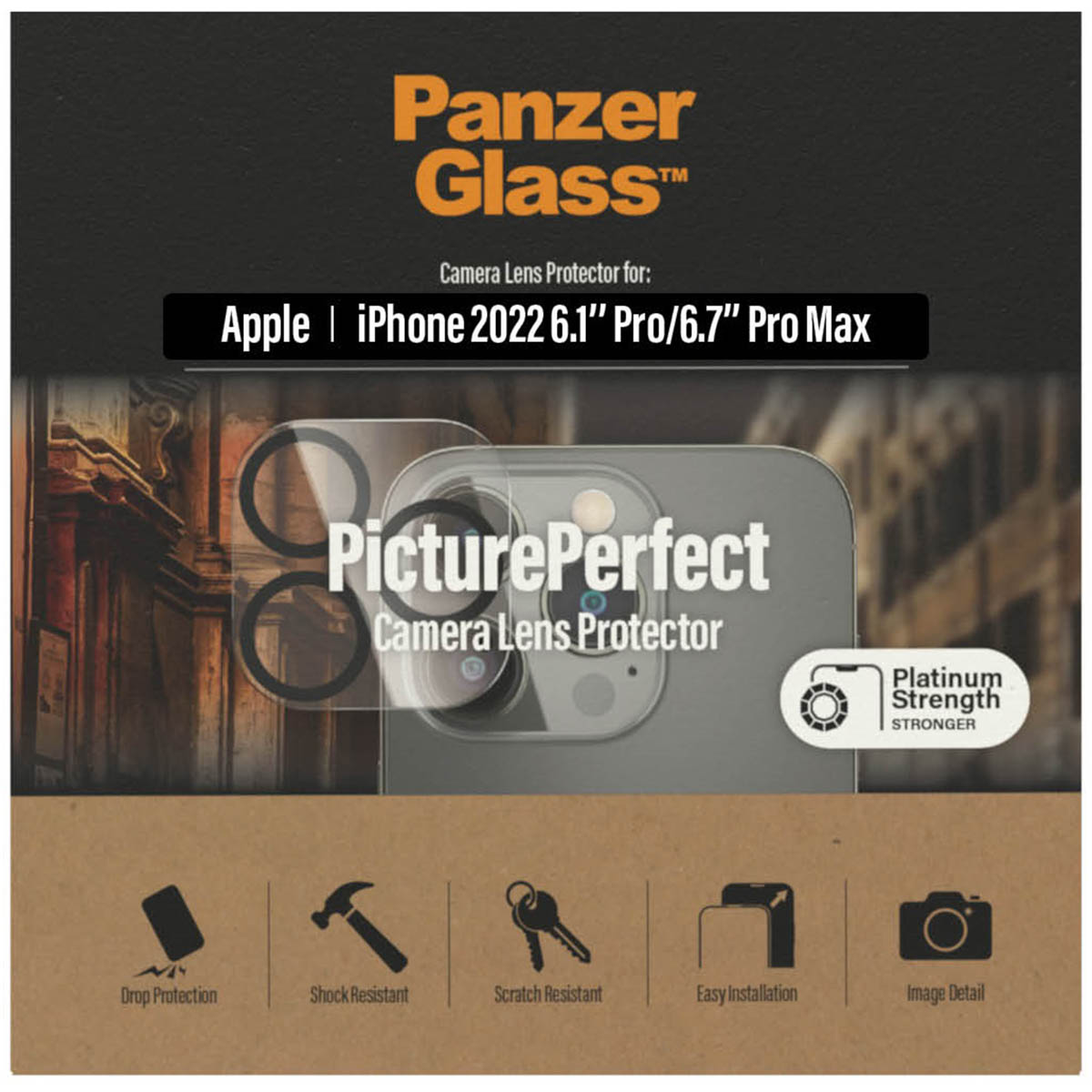 A camera lens protector for an iPhone. The packaging shows the product and its features.