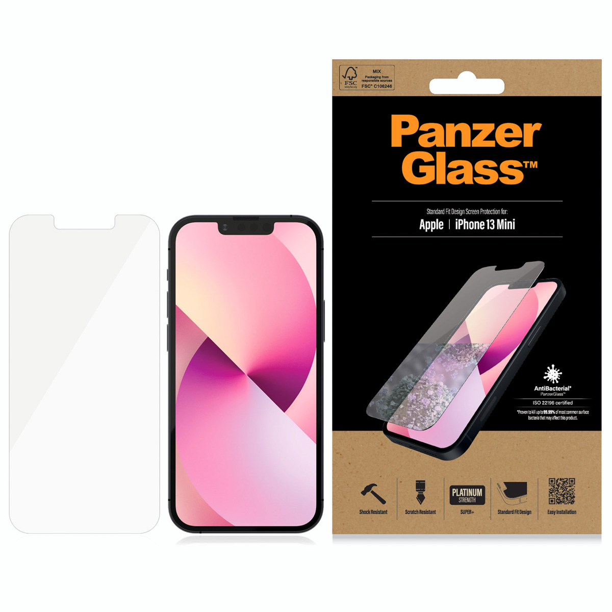 iPhone 13 Mini schermbeschermer met telefoon en verpakking. Transparante bescherming, zwarte telefoon. Verpakking met PanzerGlass.