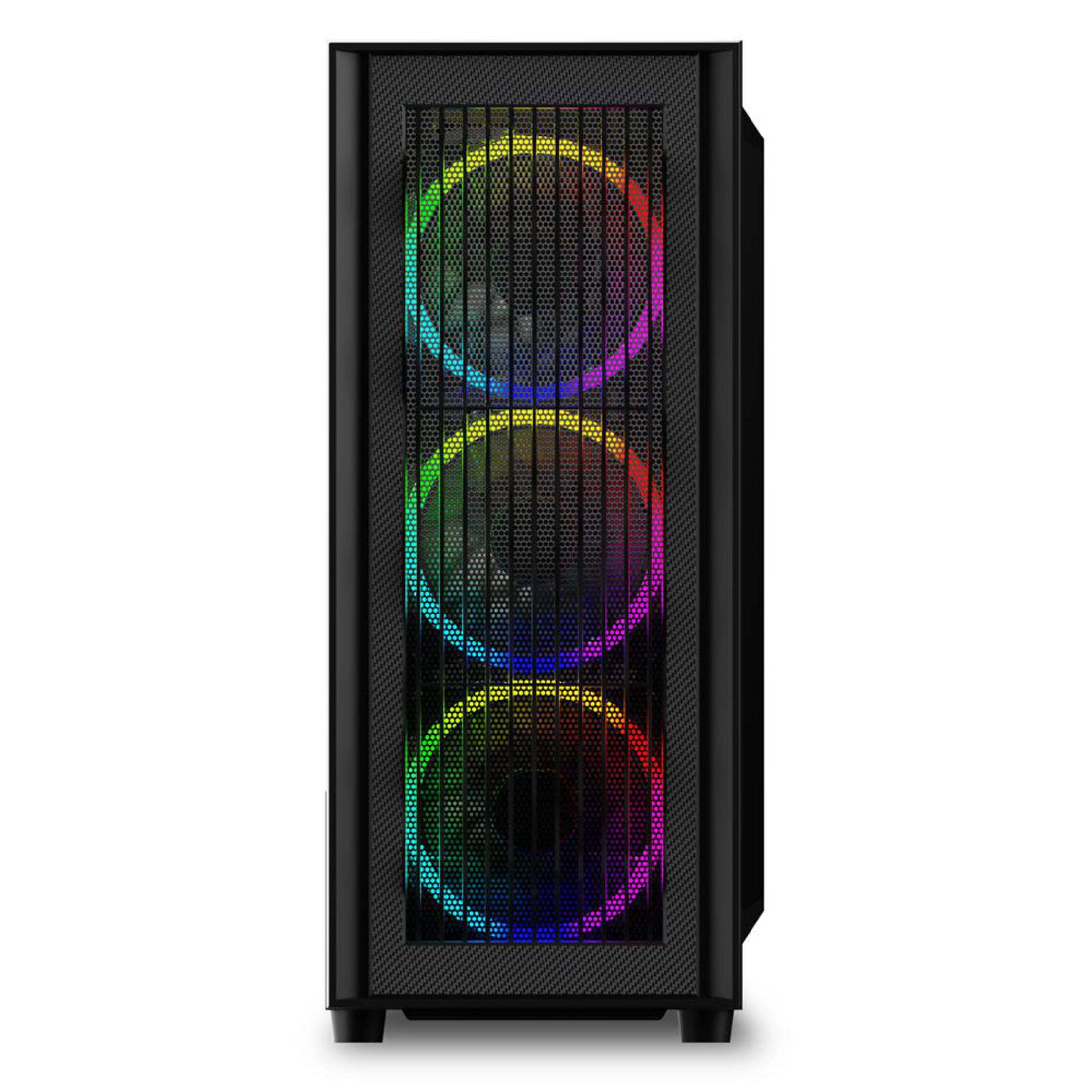Czarna obudowa komputera z trzema wentylatorami RGB widocznymi przez przedni panel.