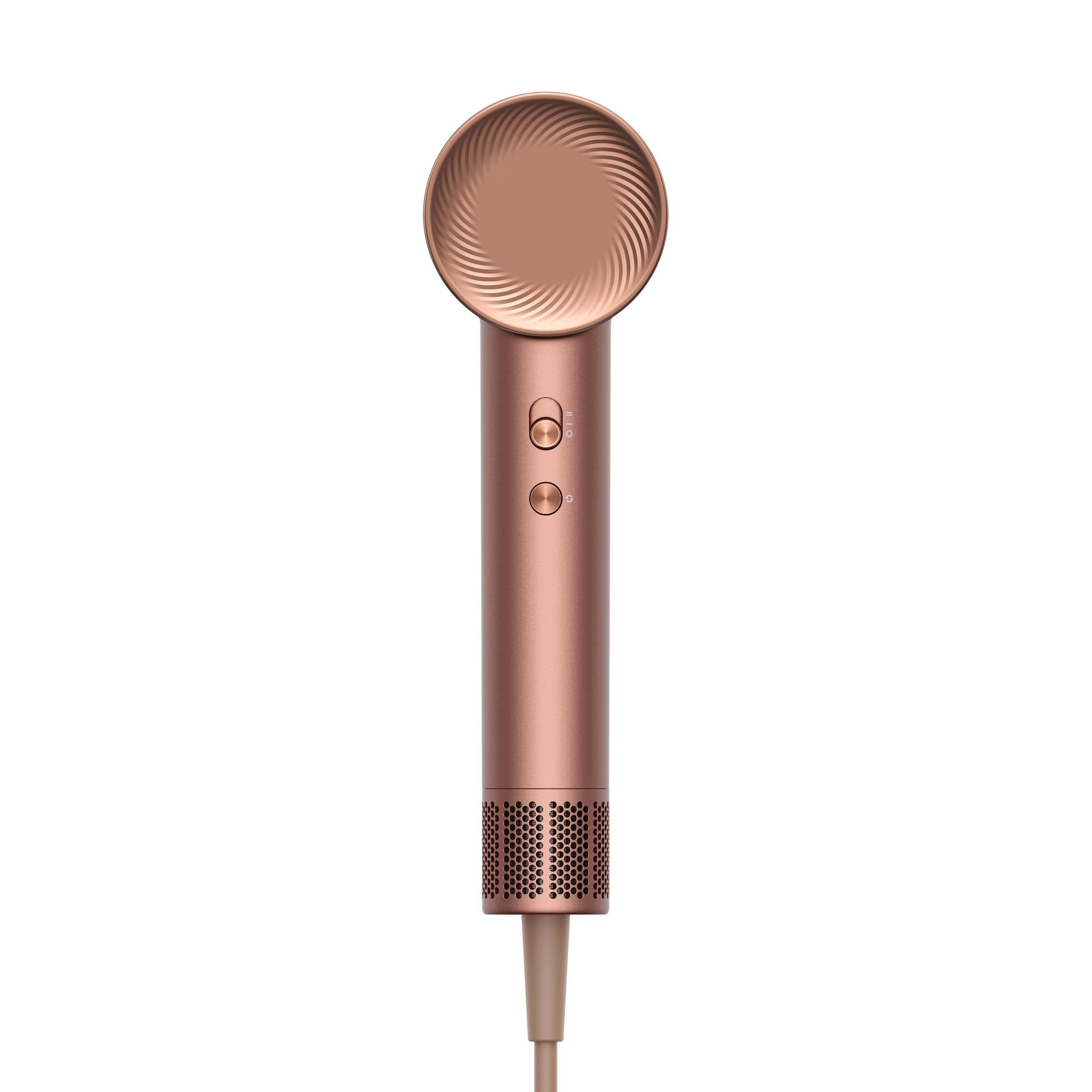 Secador de pelo oro rosa, con una parte superior texturizada y botones de control. Fondo blanco.
