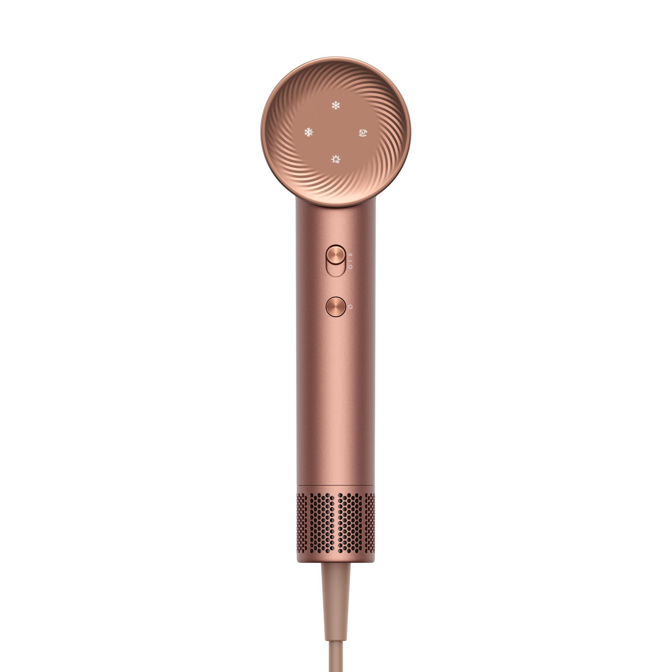 Un secador de pelo de color oro rosa. Tiene una cabeza circular con una salida de estilo panal.