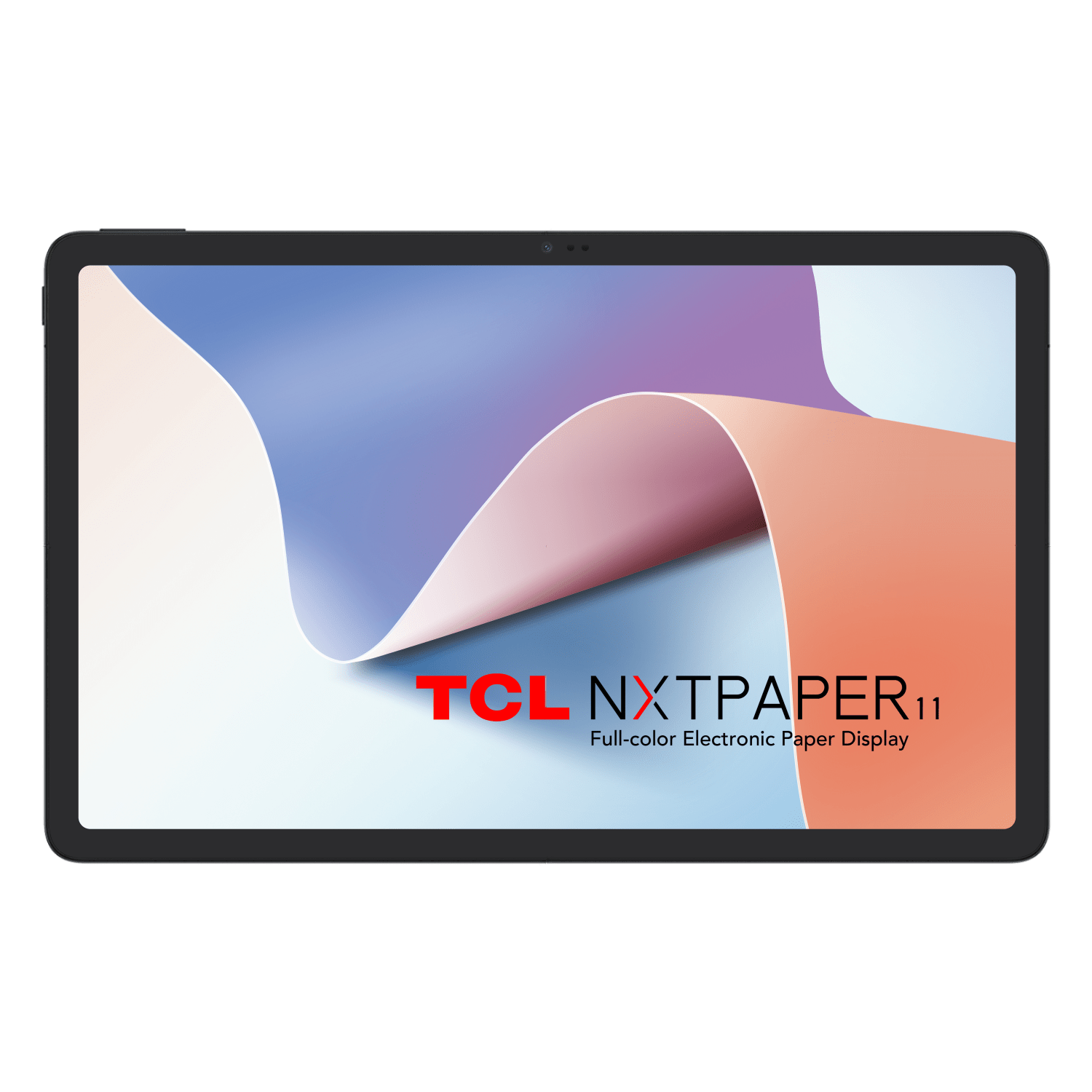Ein schwarzes Tablet mit dem TCL NXTpaper 11 Display ist abgebildet. Der Bildschirm zeigt ein buntes Bild.