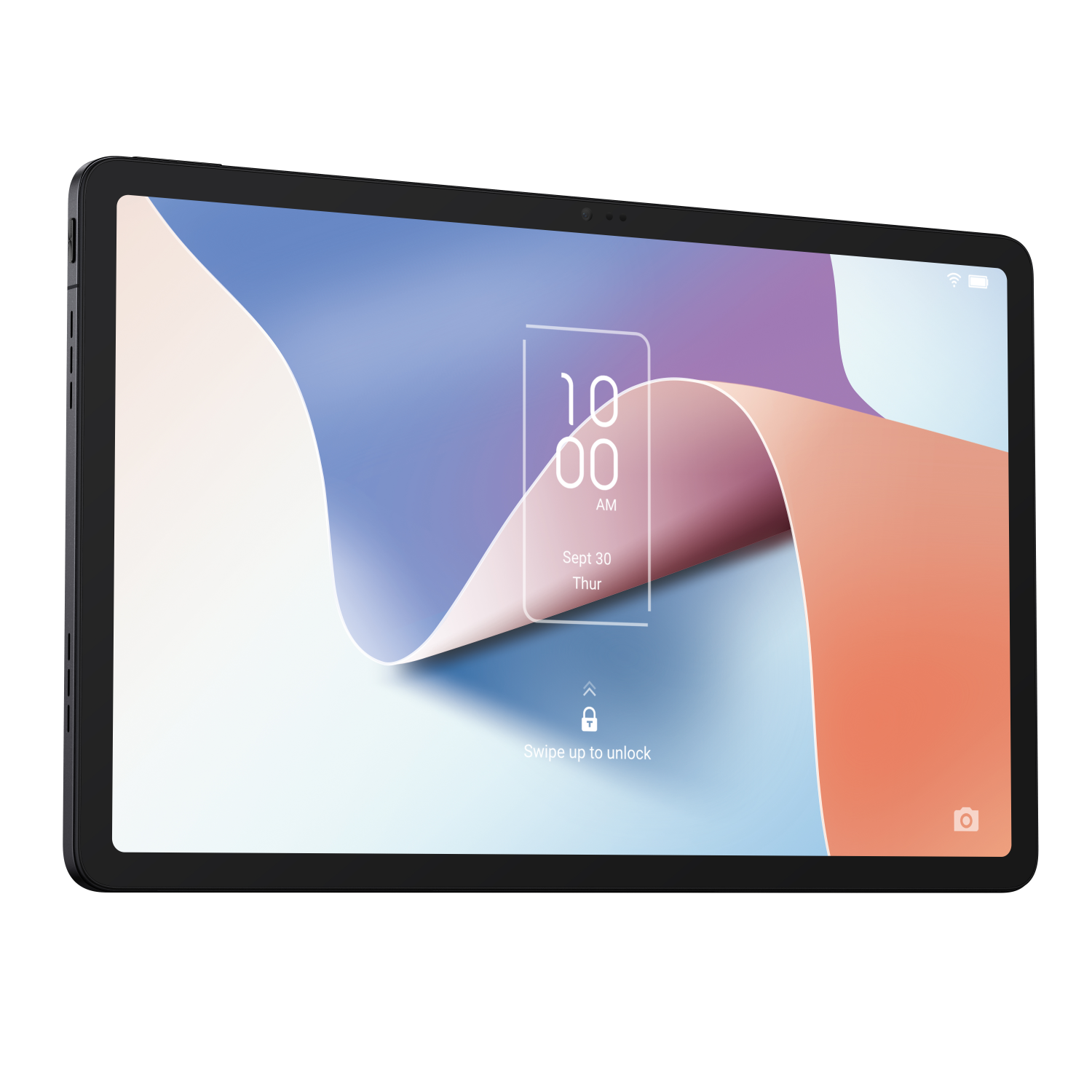 Schwarzes Tablet mit farbigem Bildschirm, der Zeit und ein Schlosssymbol anzeigt, auf weißem Hintergrund.