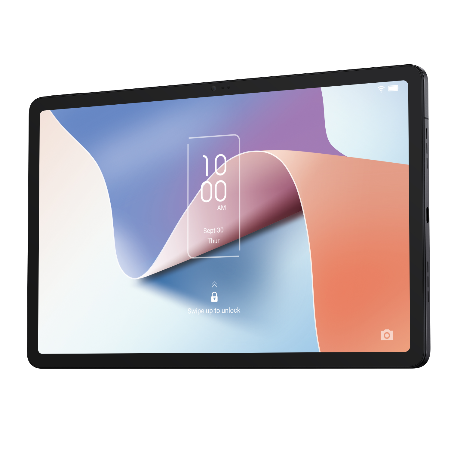 Schwarzes Tablet mit einem Bildschirm, der Zeit und Datum anzeigt.
