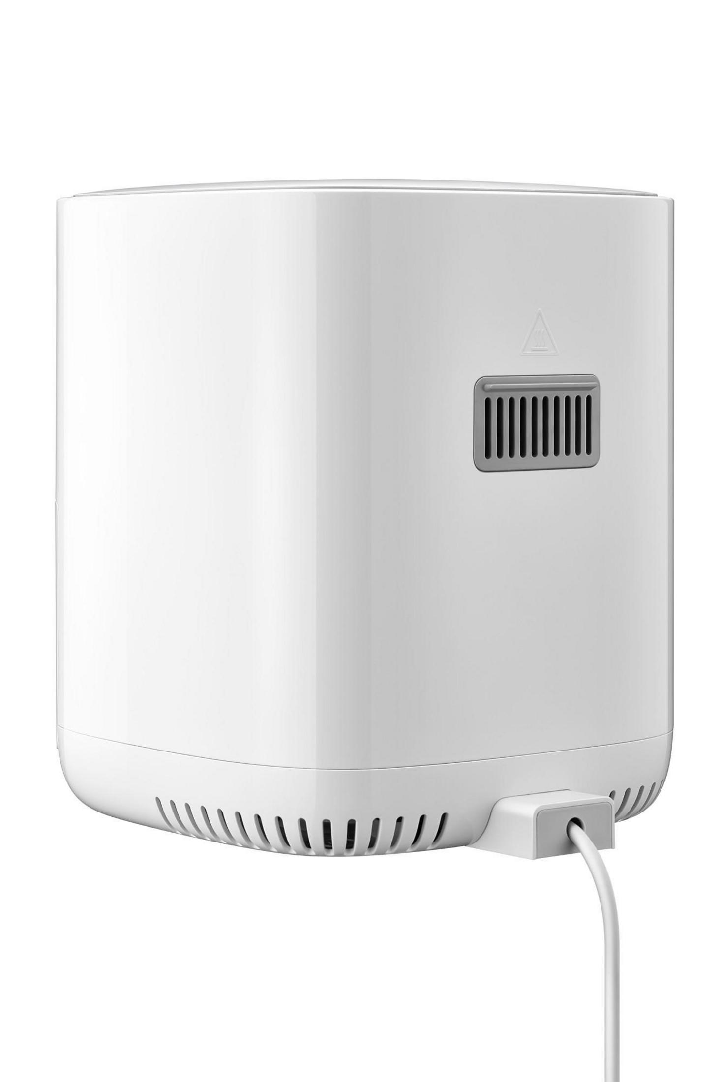 Biała frytkownica powietrzna z przewodem zasilającym i otworem wentylacyjnym.