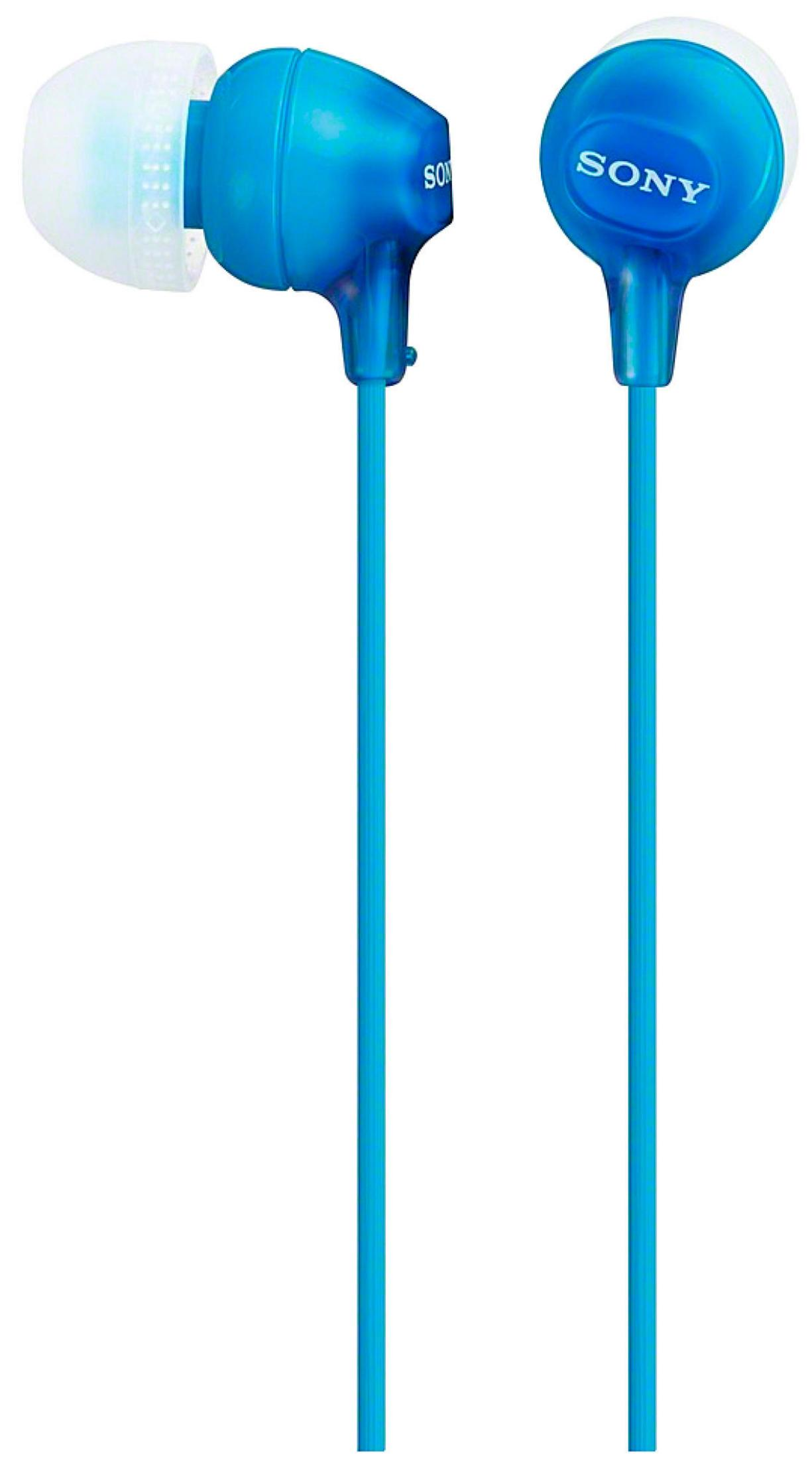 Primer plano de auriculares azules con la marca 'SONY' en el auricular.