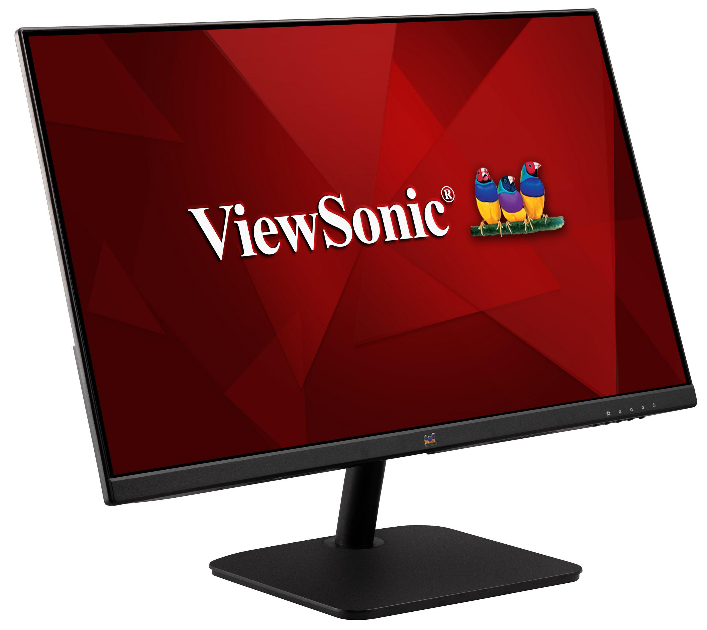 Ein Computermonitor mit rotem Hintergrund, ViewSonic-Logo und schwarzem Rahmen.