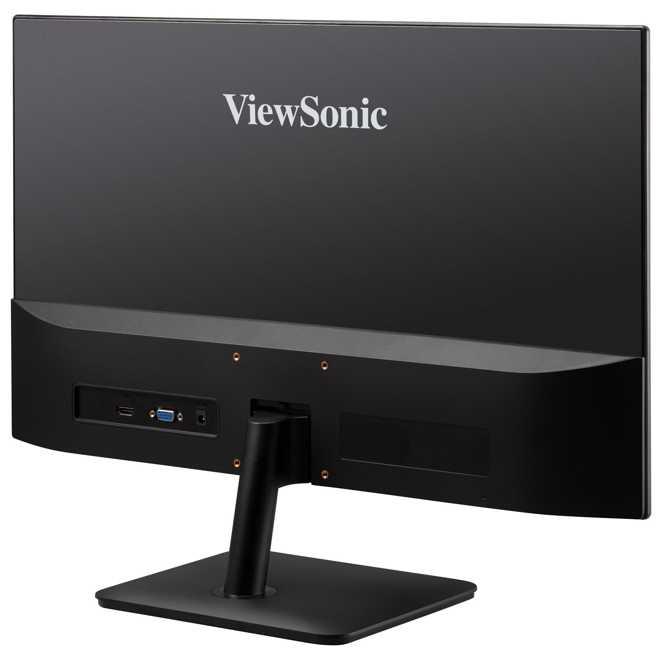 ViewSonic Computermonitor Rückseite. Schwarz mit Anschlüssen und einem Ständer. Weißer Hintergrund.