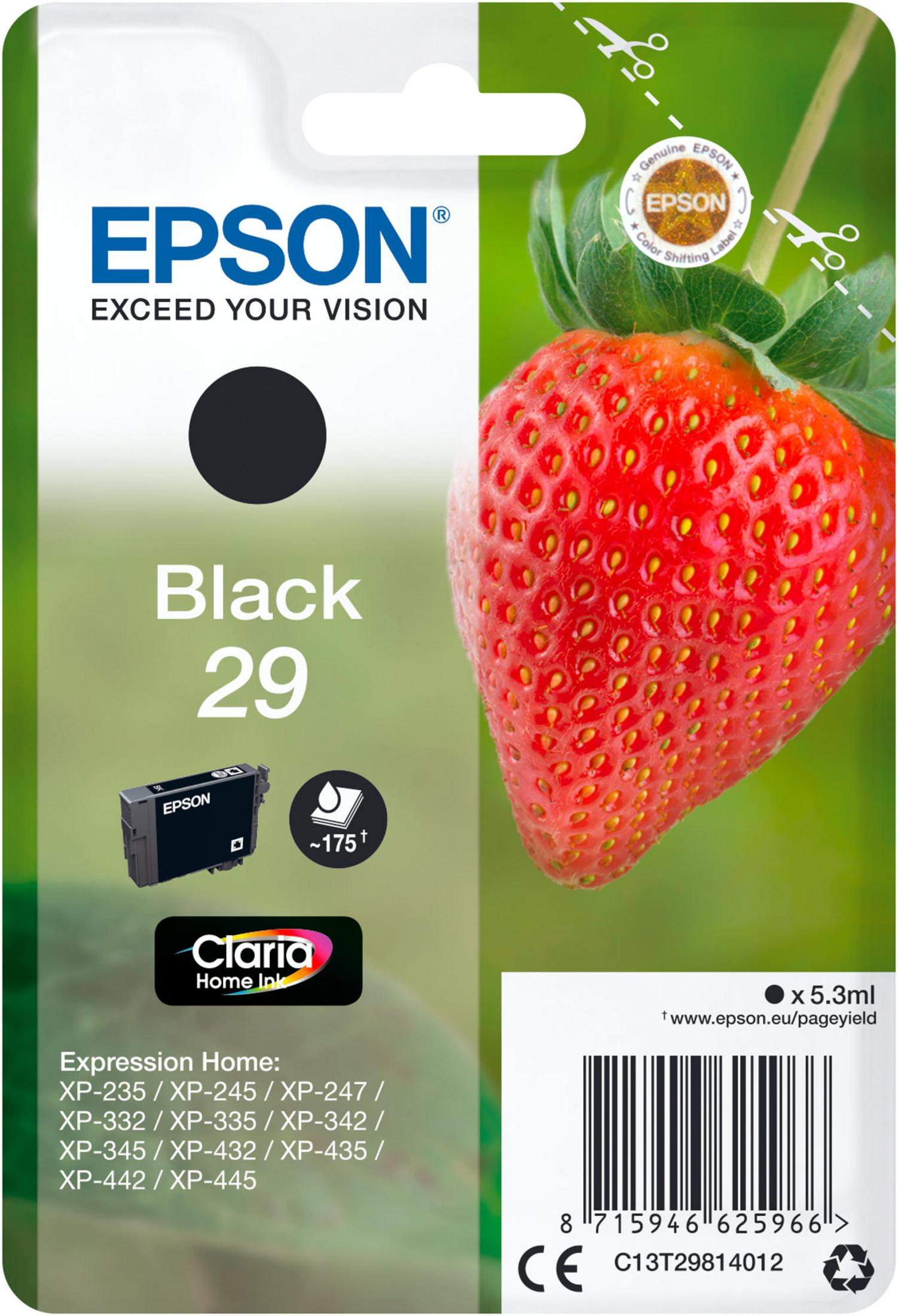 Verpakking van Epson Black 29 inktcartridge. Een aardbei staat aan de rechterkant.