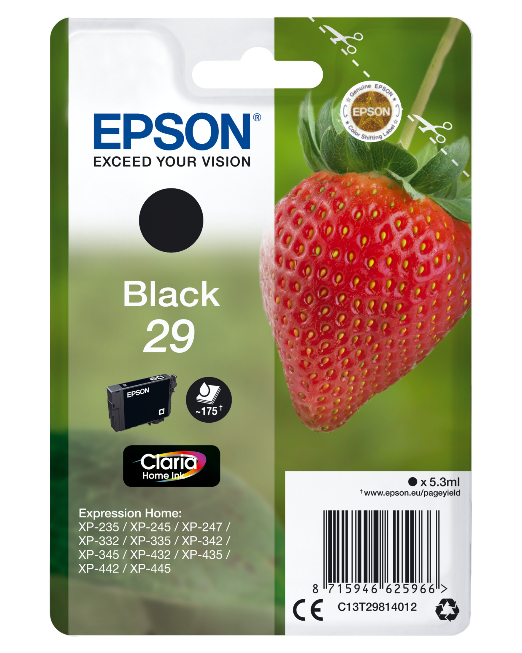 Epson inktcartridgeverpakking met zwarte inkt, een aardbei en tekst over het product.