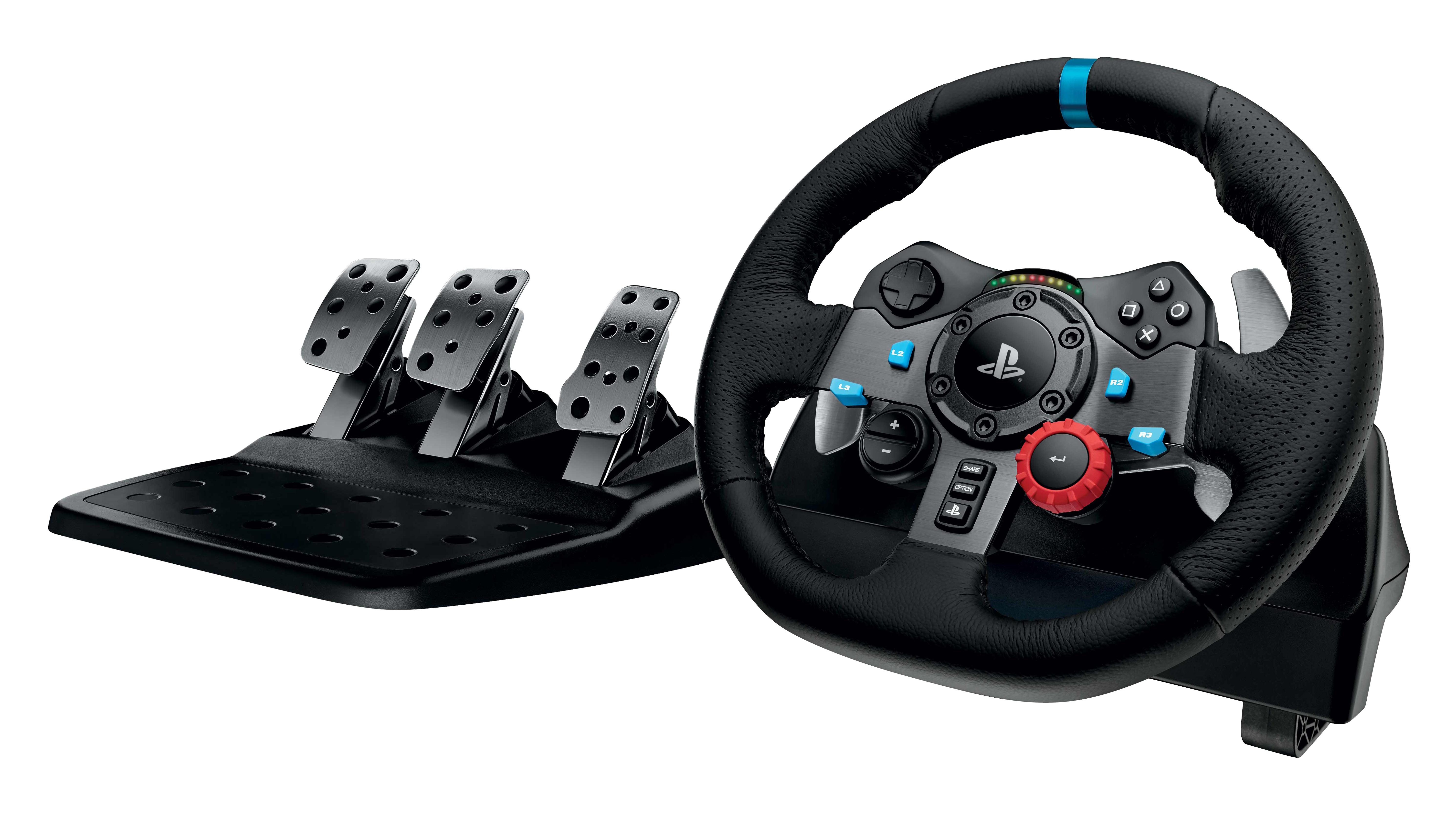 Gaming-Lenkrad mit Pedalen. Schwarzes Rad mit blauem Akzent, Pedale links.