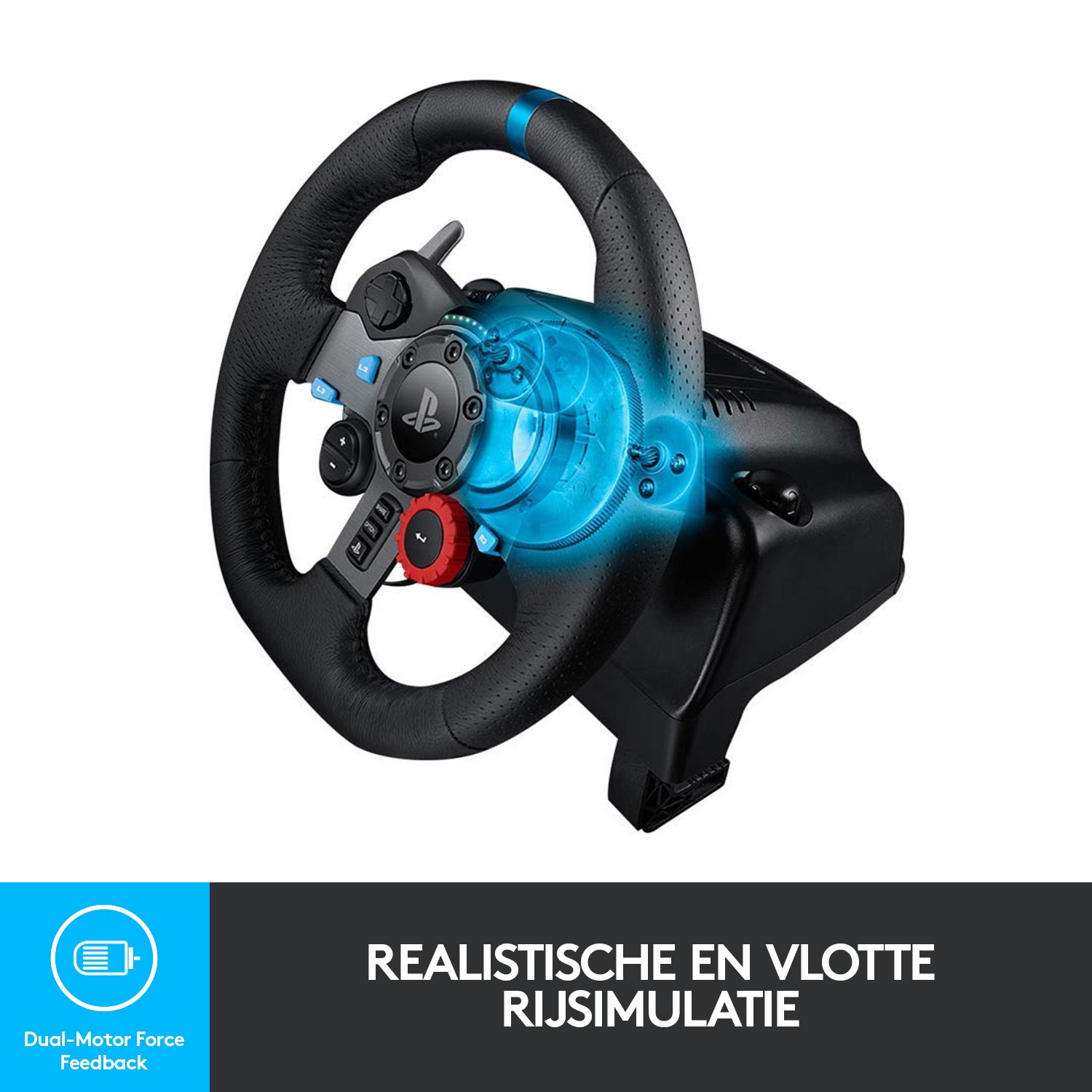 Ein schwarzes Logitech-Lenkrad mit Knöpfen und einem roten Drehknopf, mit blauen Lichteffekten.