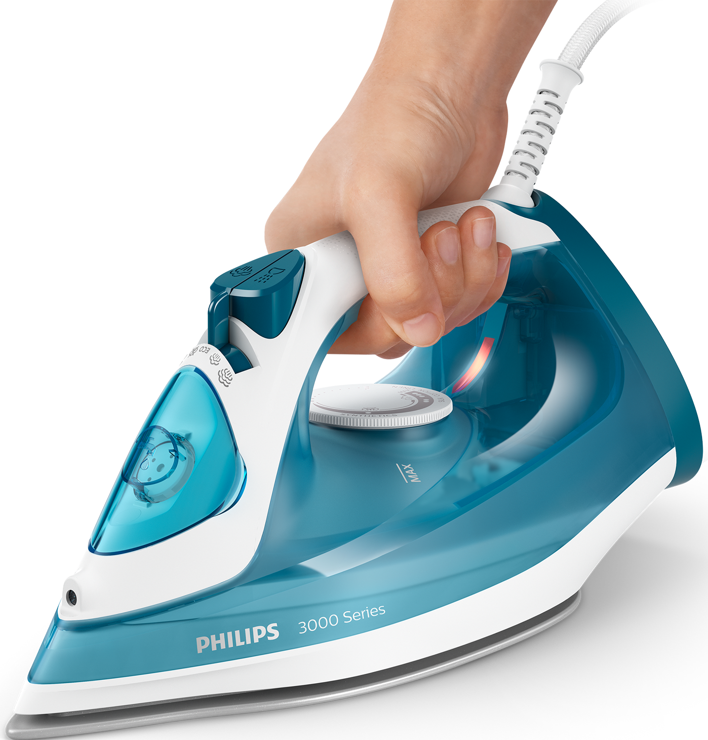 Osoba trzyma niebiesko-białe żelazko Philips. Żelazko ma uchwyt, zbiornik na wodę i przewód zasilający.