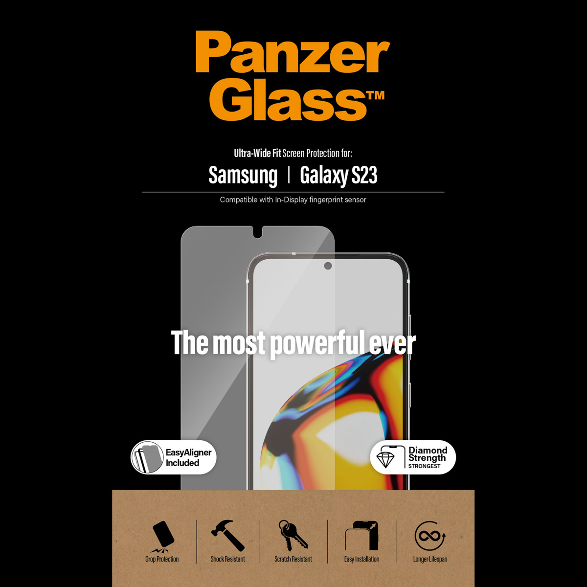 PanzerGlass schermbeschermer voor Samsung Galaxy S23. Toont het scherm en de beschermer.