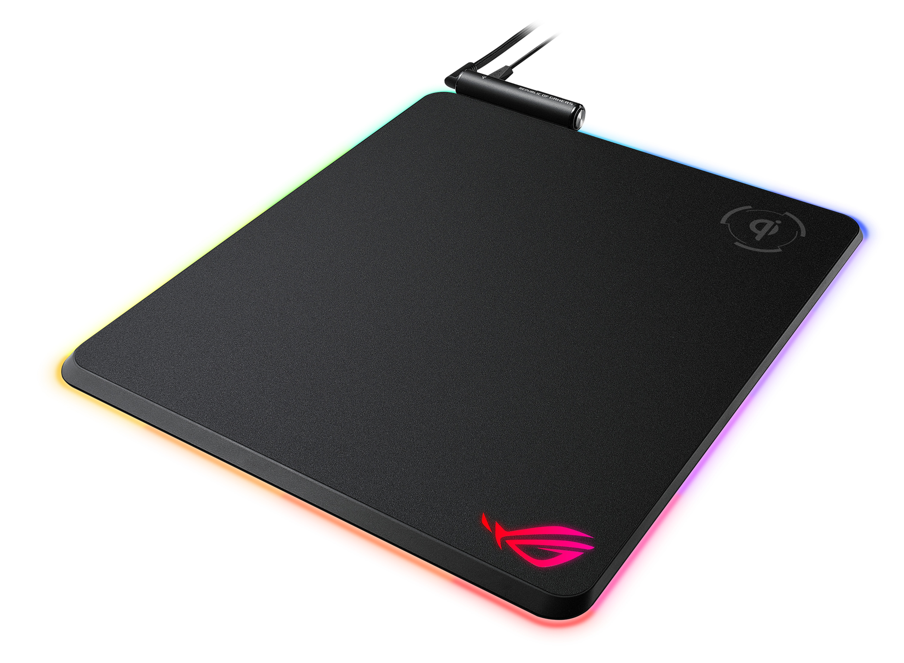 Tappetino per mouse da gioco ROG nero con illuminazione RGB sui bordi e un simbolo di ricarica wireless.