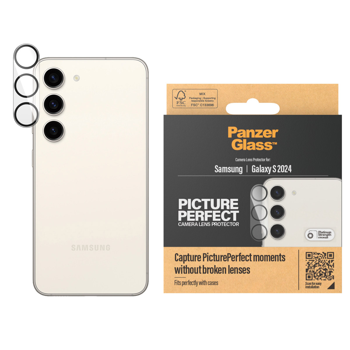 Samsung Galaxy S24 met cameralensbeschermers en een productdoos, met de telefoon en de beschermers.