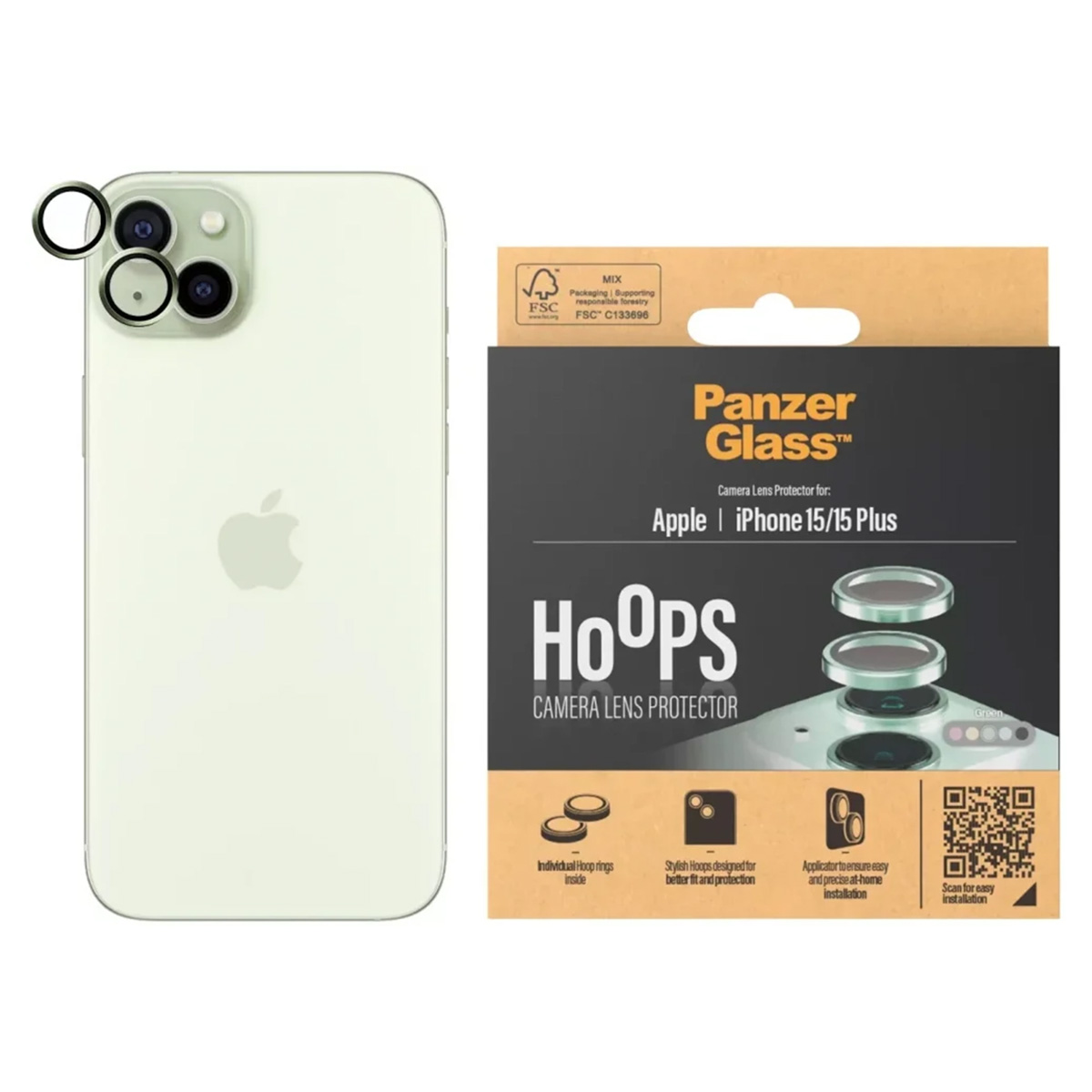 iPhone met cameralensbeschermers en een doos met PanzerGlass.