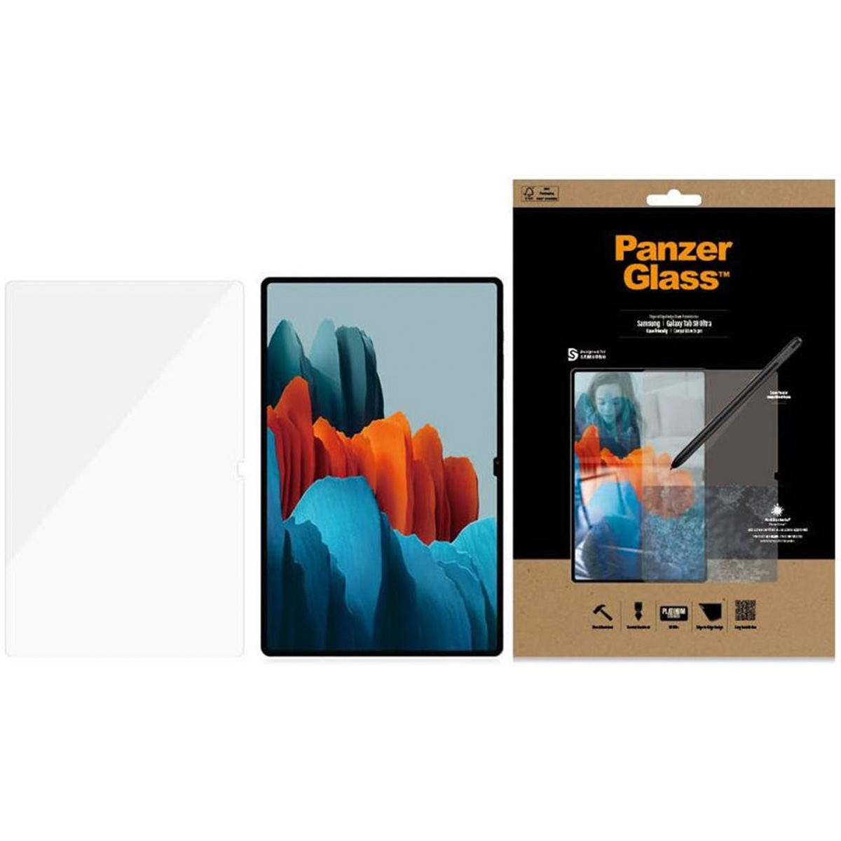 Ochrona ekranu PanzerGlass do Samsung Galaxy Tab S8 Ultra z opakowaniem i tabletem.