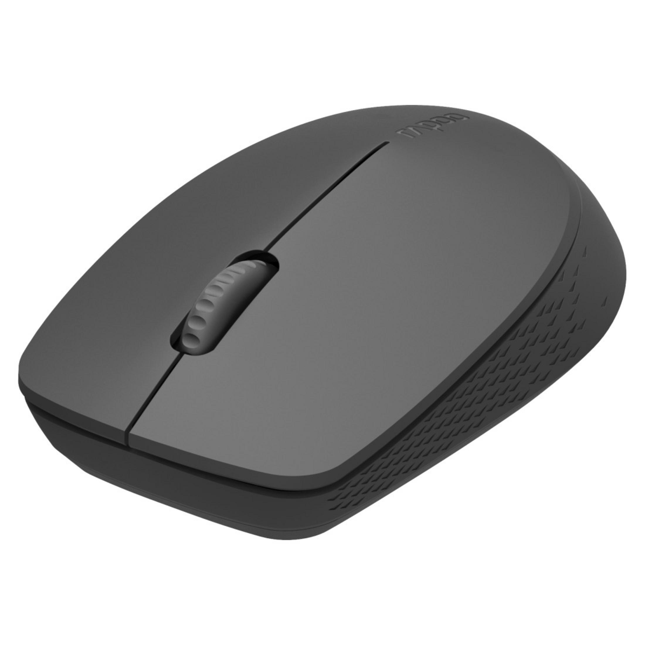 Szara bezprzewodowa mysz komputerowa z kółkiem przewijania. Mysz ma prosty, ergonomiczny kształt.