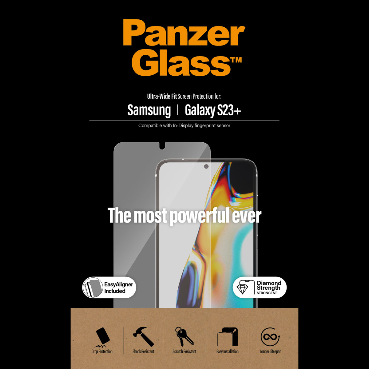 Zwarte verpakking voor een schermbeschermer, met het PanzerGlass-logo. Toont een telefoon met de schermbeschermer erop.