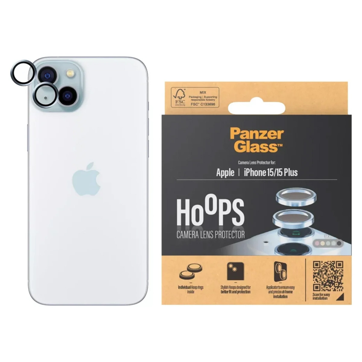 Ochraniacz obiektywu aparatu do iPhone'a. Opakowanie pokazuje produkt i iPhone'a.