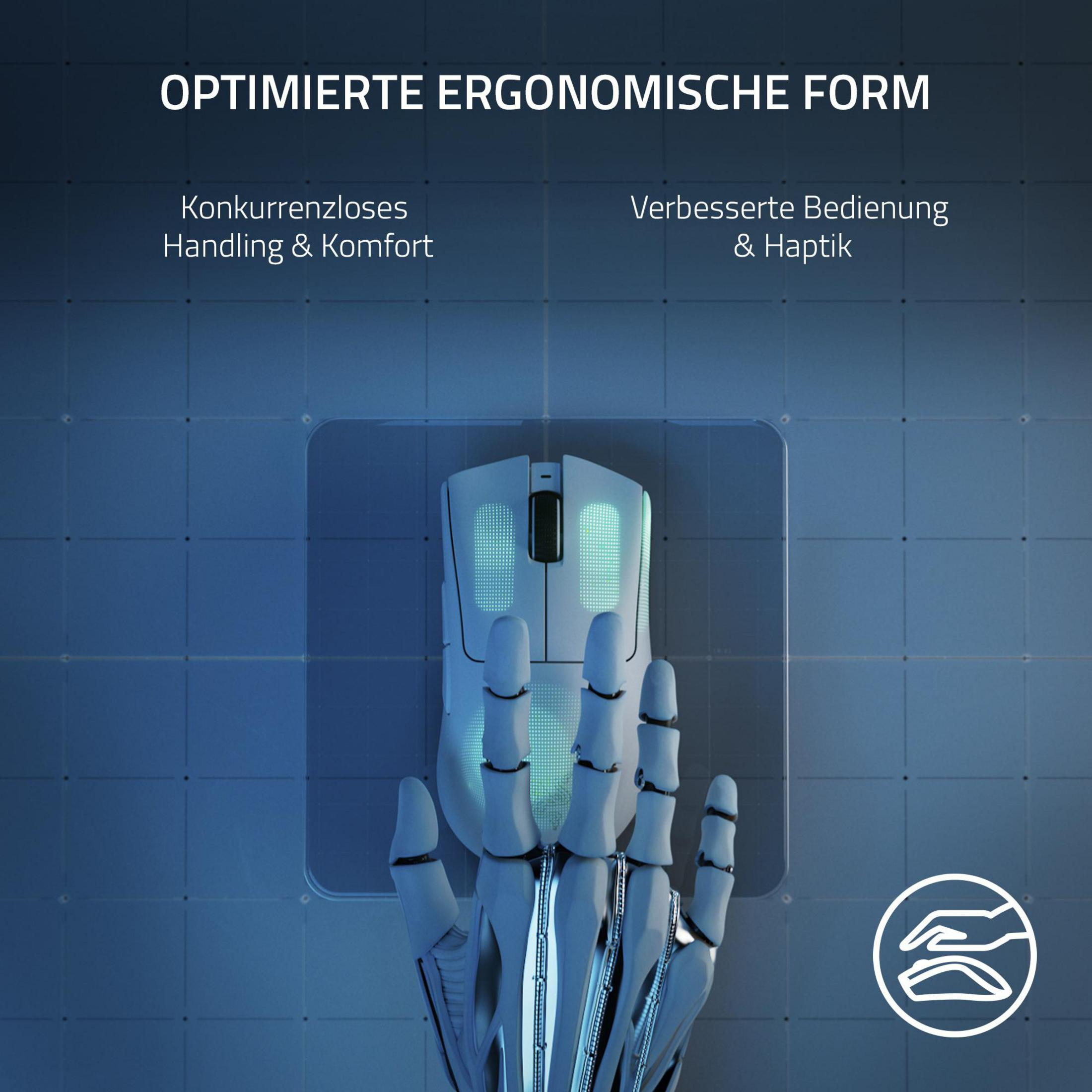 Biała mysz na niebieskiej siatce, z roboticzną dłonią. Tekst: Zoptymalizowana forma ergonomiczna. 'Konkurrenzloses Handling & Komfort'.