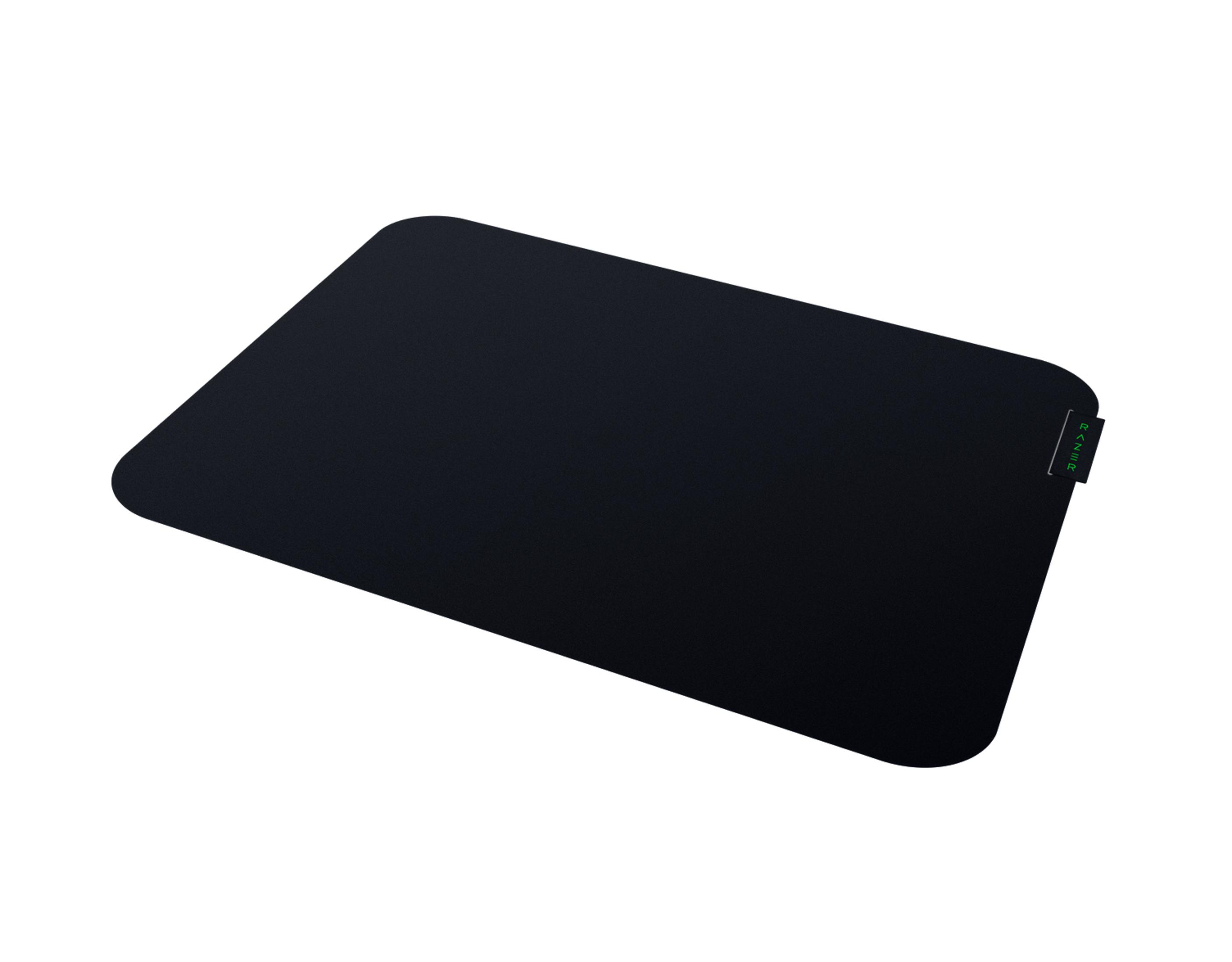 Czarna prostokątna podkładka Razer, lekko pochylona, z logo Razer w rogu.