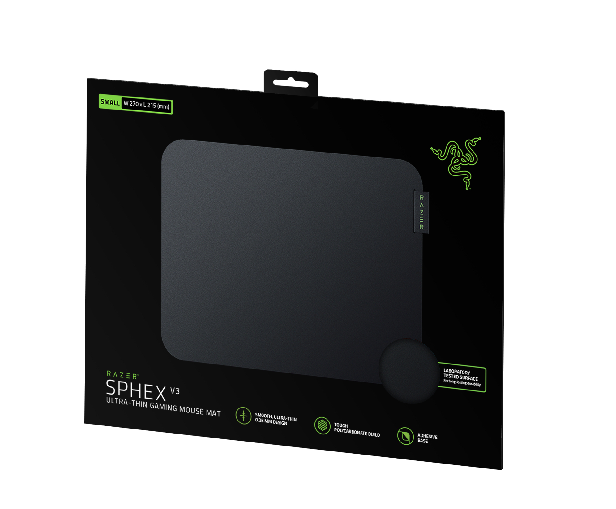 Czarna podkładka pod mysz Razer w opakowaniu, z informacjami i logo Razer.
