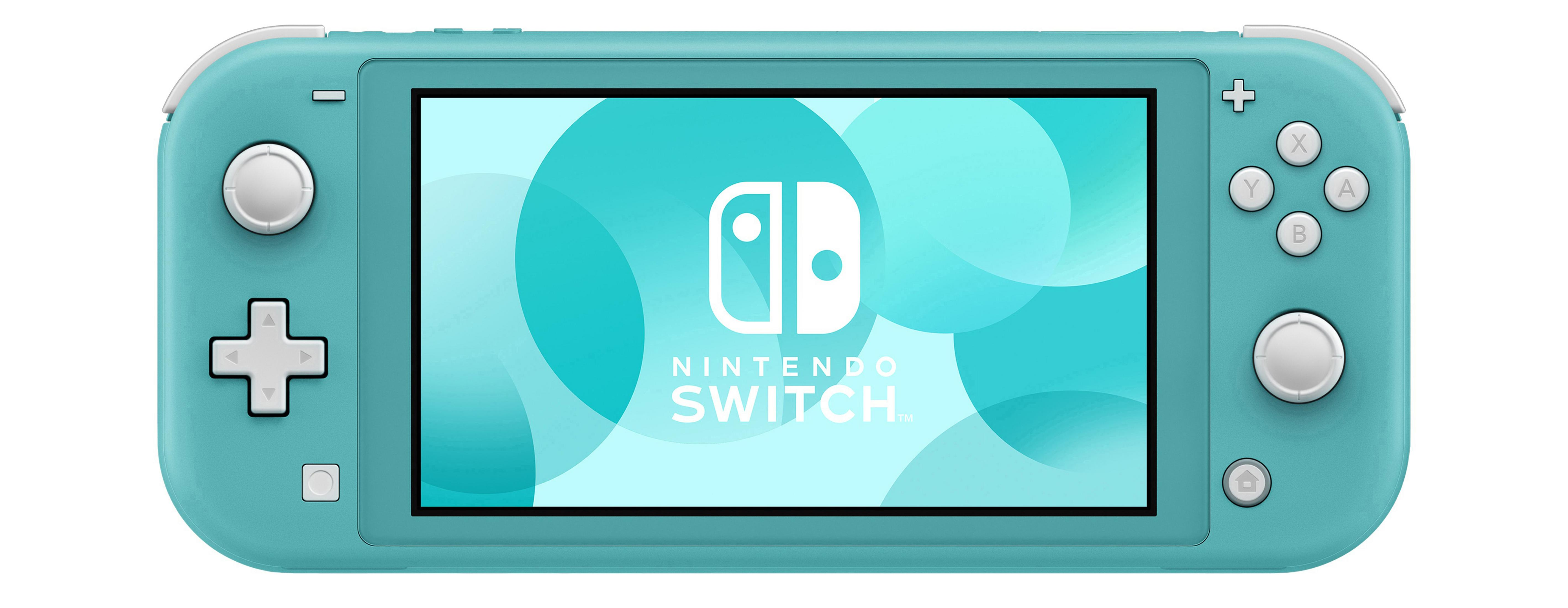 Een turquoise Nintendo Switch Lite handheld console. Het scherm toont het Nintendo Switch logo.
