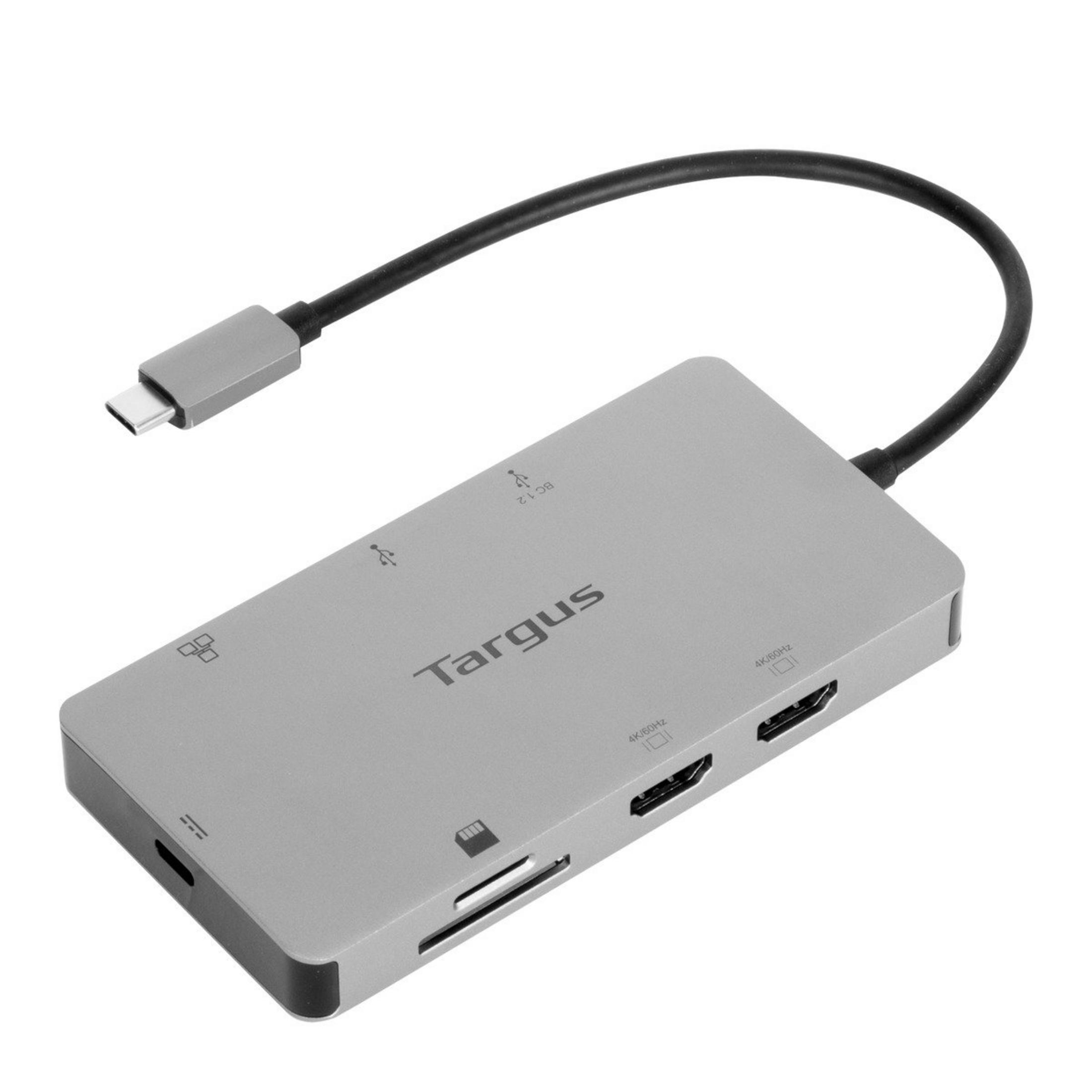 Silberner Targus USB-C-Hub mit mehreren Anschlüssen und einem schwarzen Kabel.