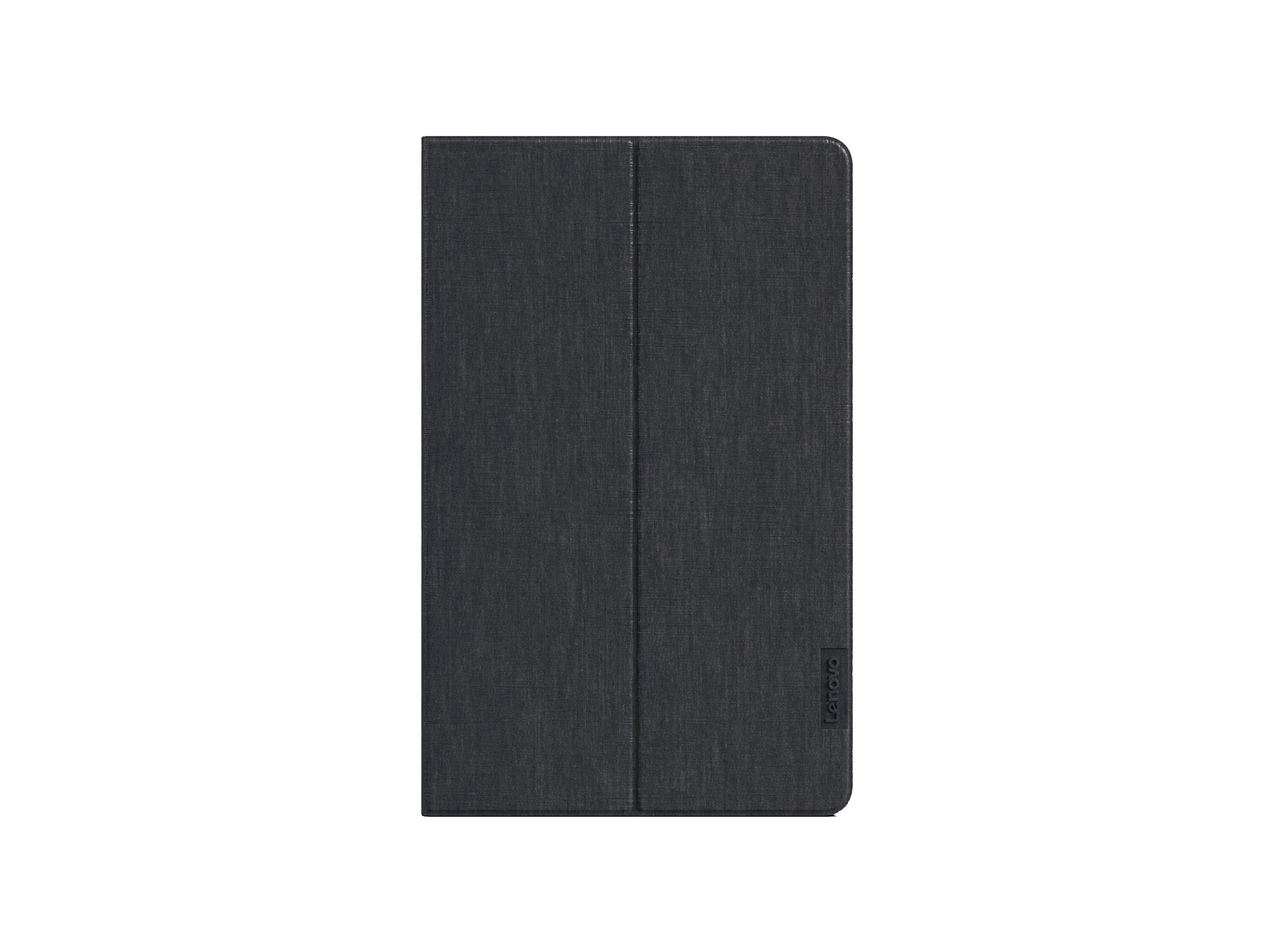 Funda de tableta Lenovo negra cerrada, sobre un fondo blanco. El nombre de la marca es visible.