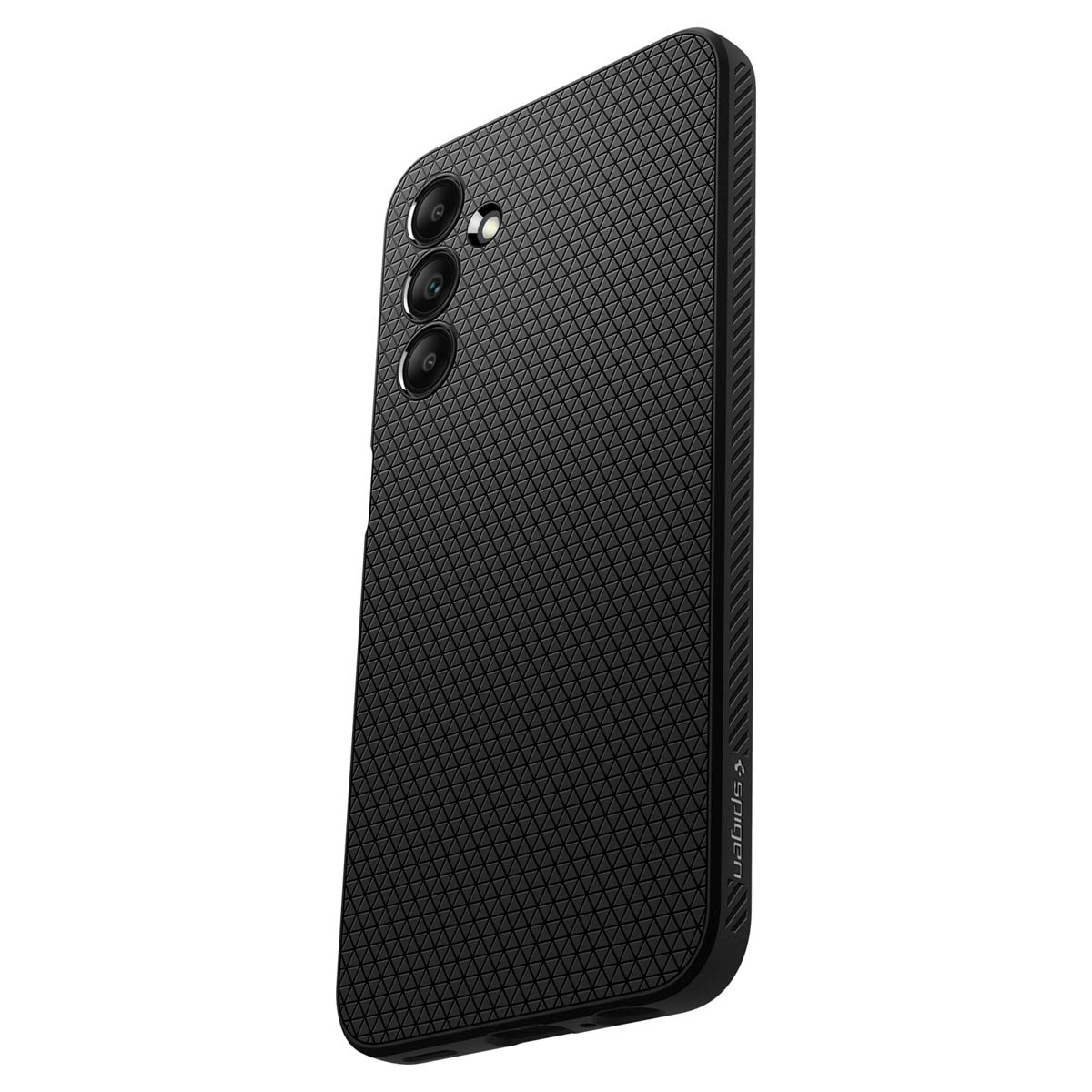 Czarny telefon z potrójnym aparatem i teksturowanym wzorem, logo Spigen.