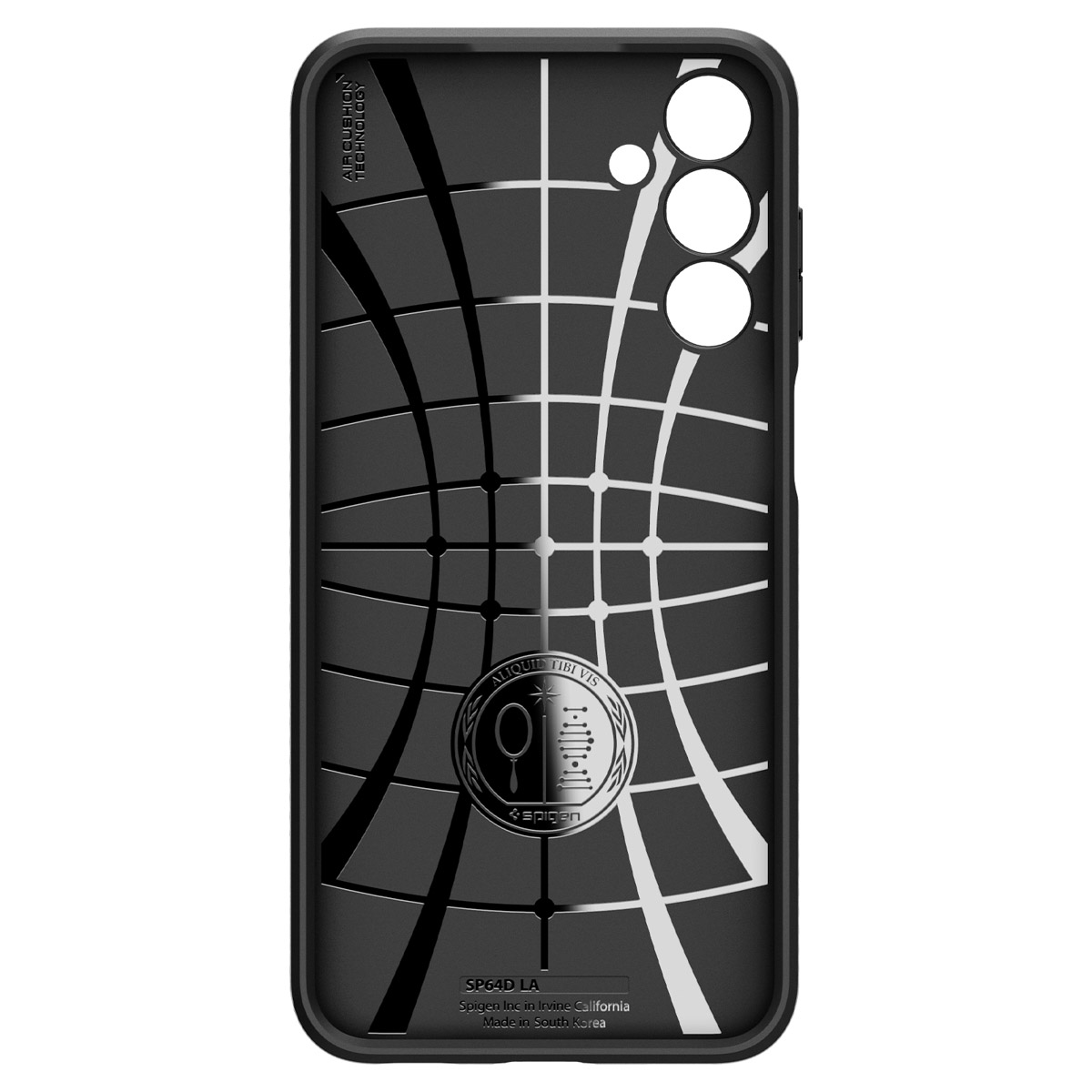 Czarne etui na telefon z wzorem kratki i logo Spigen. Projekt zawiera białe i czarne linie.
