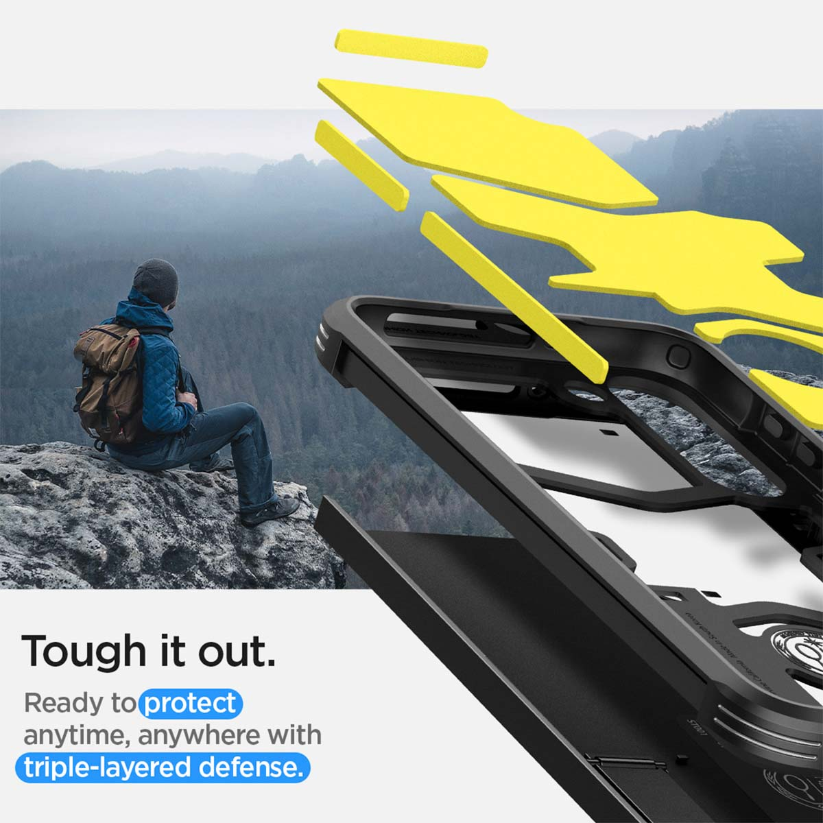 Eine Handyhülle mit Handy und Landschaft im Hintergrund. Text: Jederzeit und überall schützen.