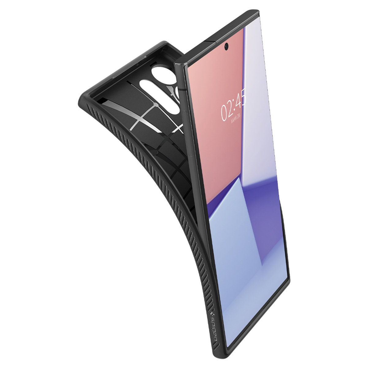 Zwarte telefoonhoes met telefoon erin. Scherm toont de tijd, witte achtergrond.