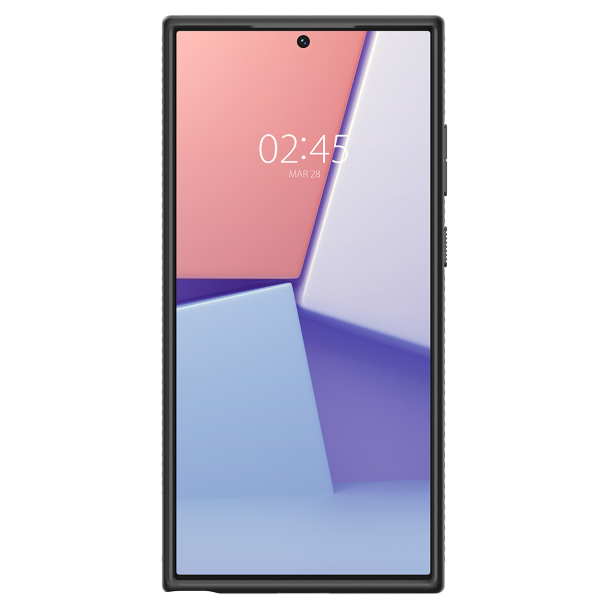 Zwarte telefoonhoes met een kleurrijk abstract ontwerp op de achterkant en een zwart frame.
