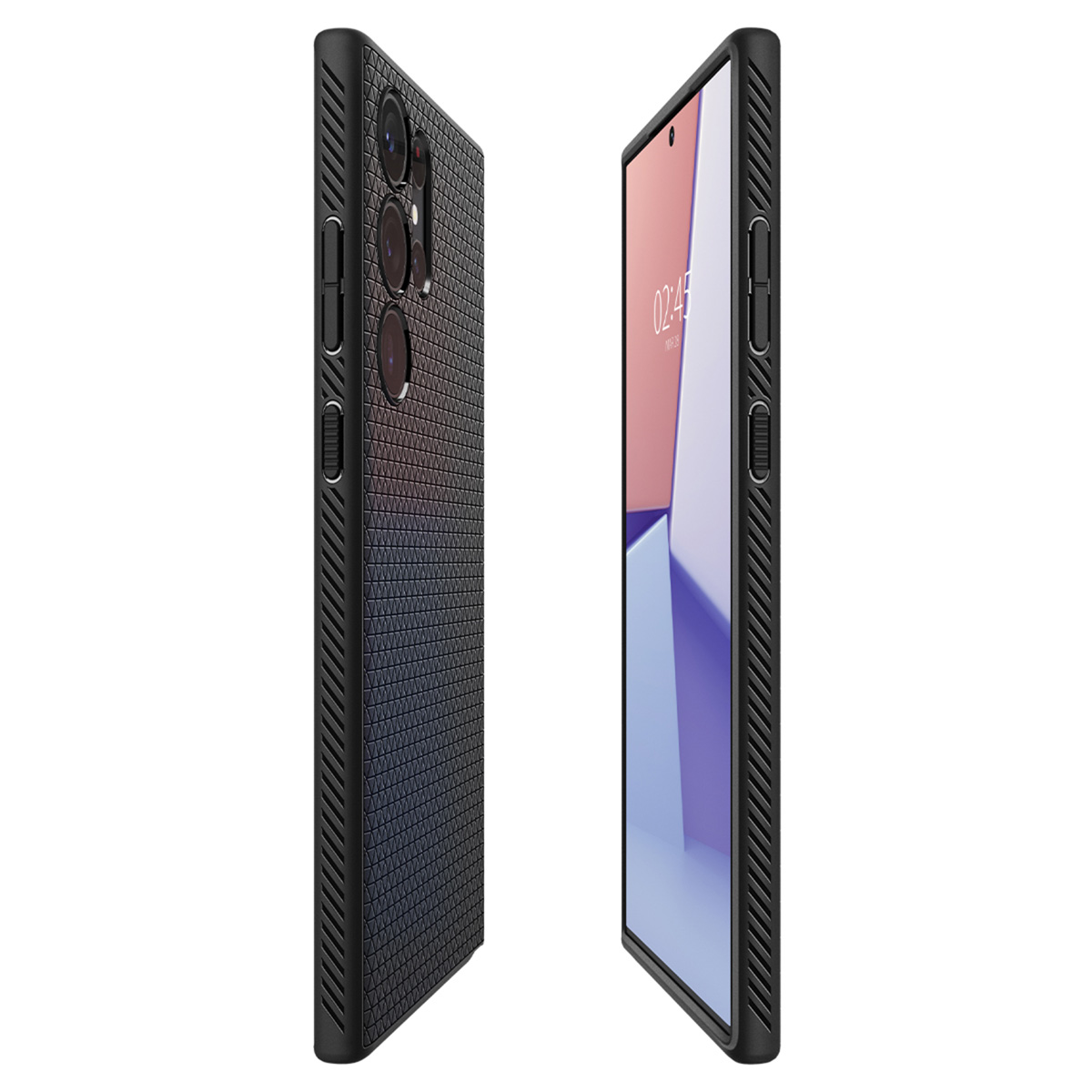 Een telefoon in een zwart, getextureerd hoesje. De case is open en toont het scherm en zijknoppen.