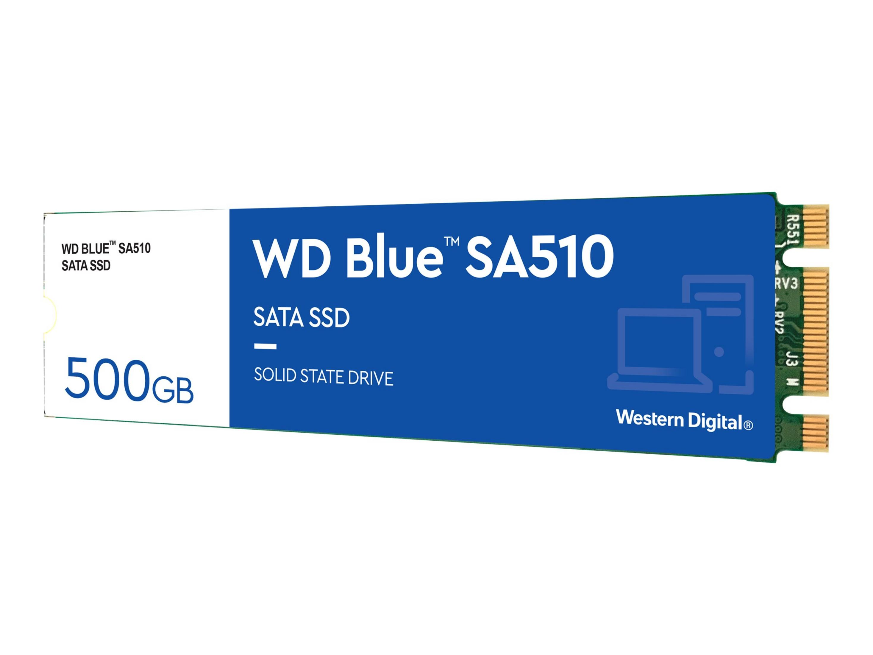Niebieski dysk SSD WD Blue SA510 z marką i tekstem.