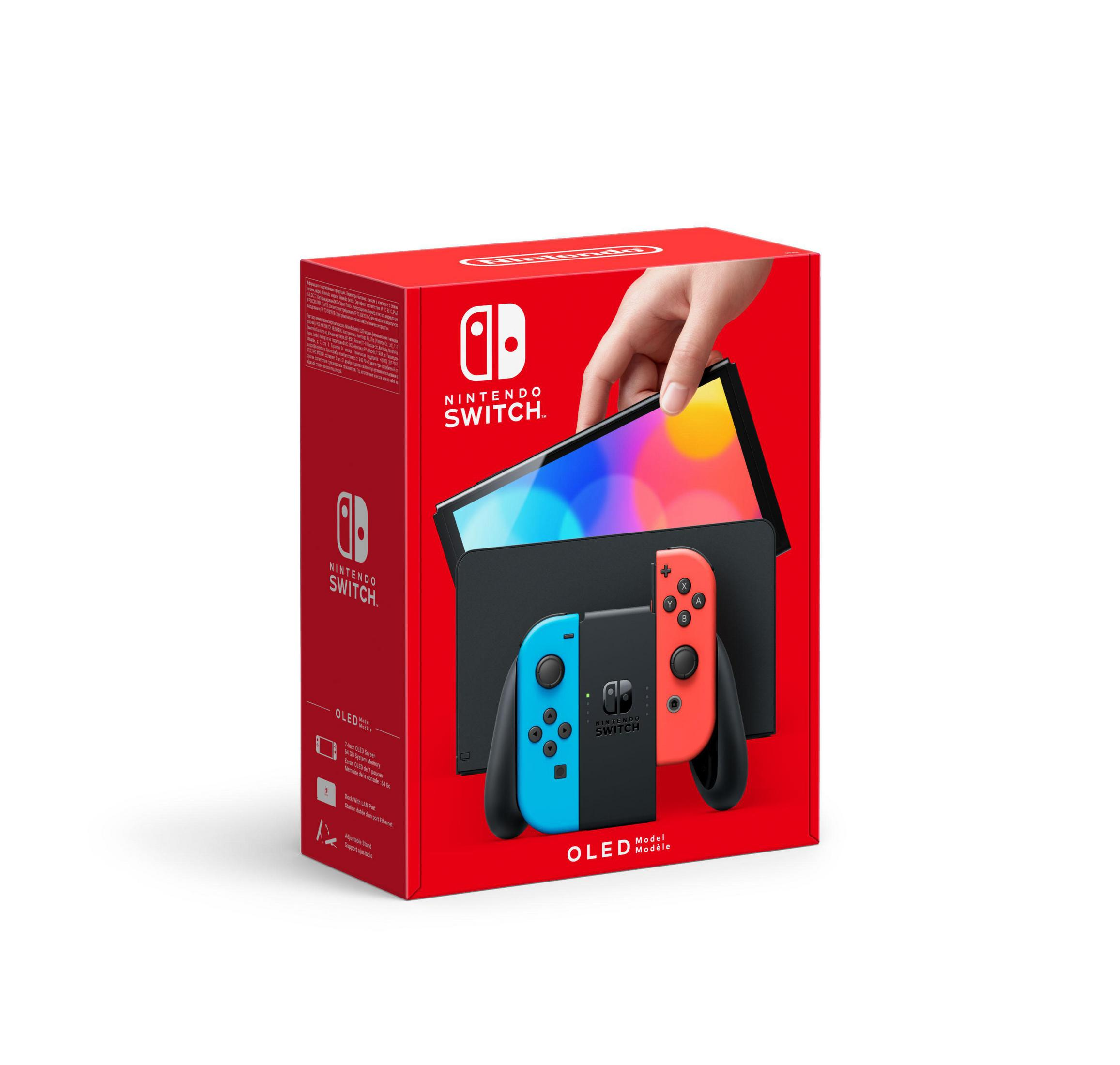 Una scatola rossa contenente un modello Nintendo Switch OLED, con joy-con blu e rosso e la console.