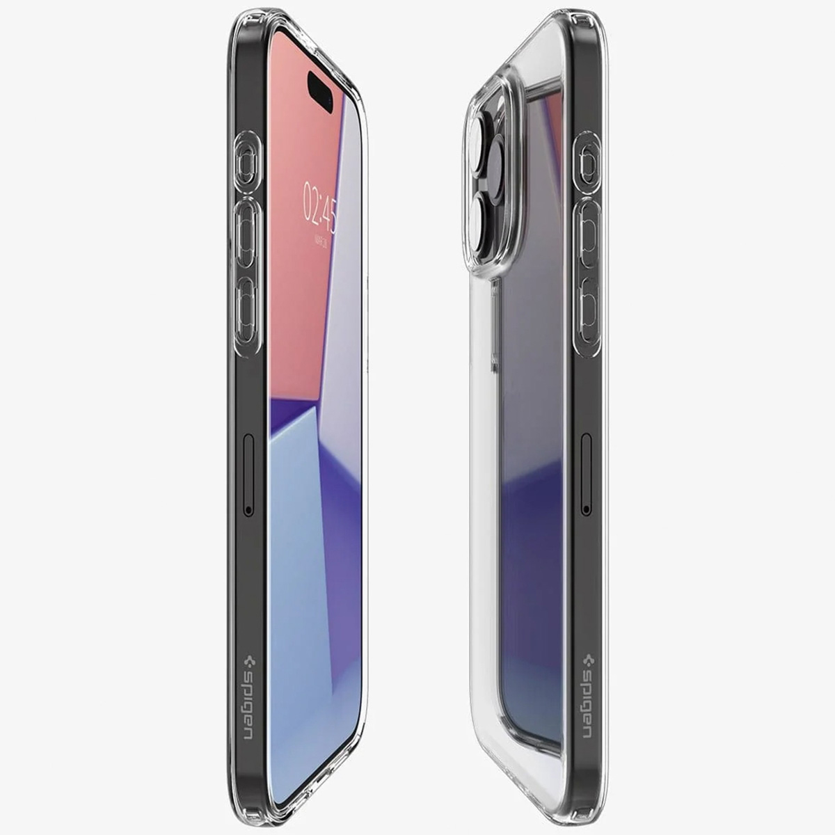 Deux vues d'un téléphone dans un étui transparent. L'étui protège le téléphone et comporte des boutons latéraux.