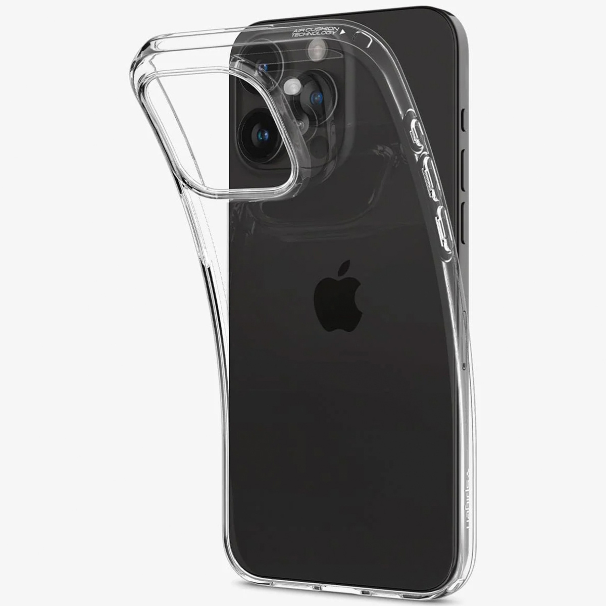 Une coque de téléphone transparente sur un téléphone noir. Le téléphone est incliné pour montrer la coque et le dos du téléphone.